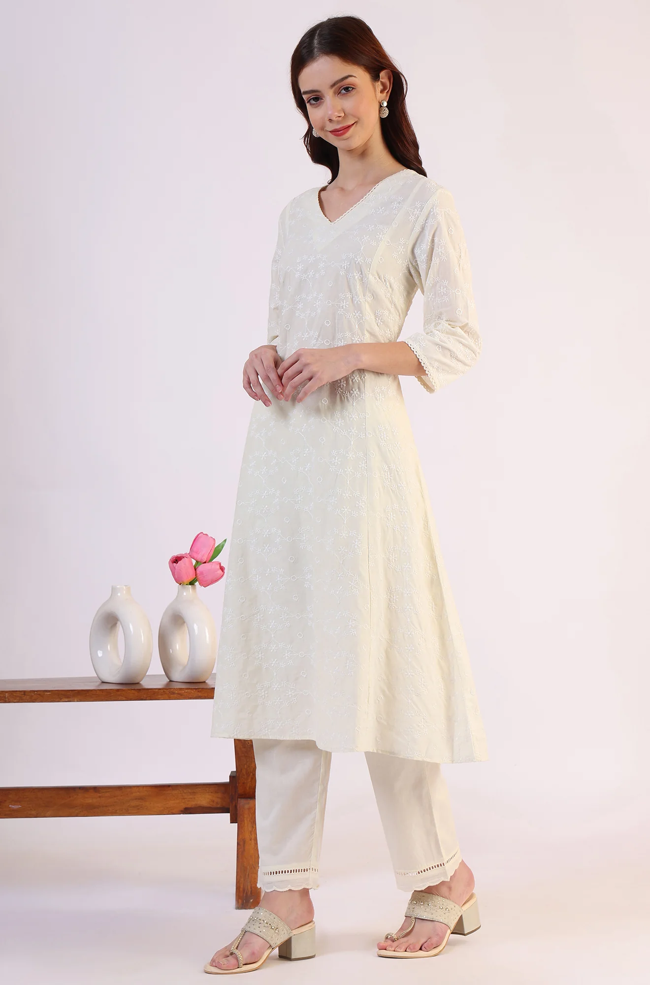 White Embroidered Lace Straight Pure Cotton Kurta & Straight Pant With Dupatta Set - Image 4