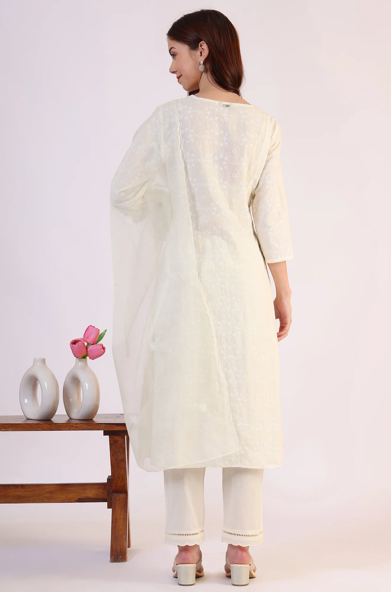 White Embroidered Lace Straight Pure Cotton Kurta & Straight Pant With Dupatta Set - Image 5