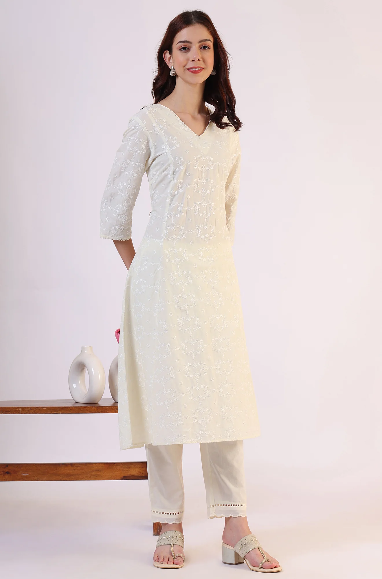 White Embroidered Lace Straight Pure Cotton Kurta & Straight Pant With Dupatta Set - Image 6