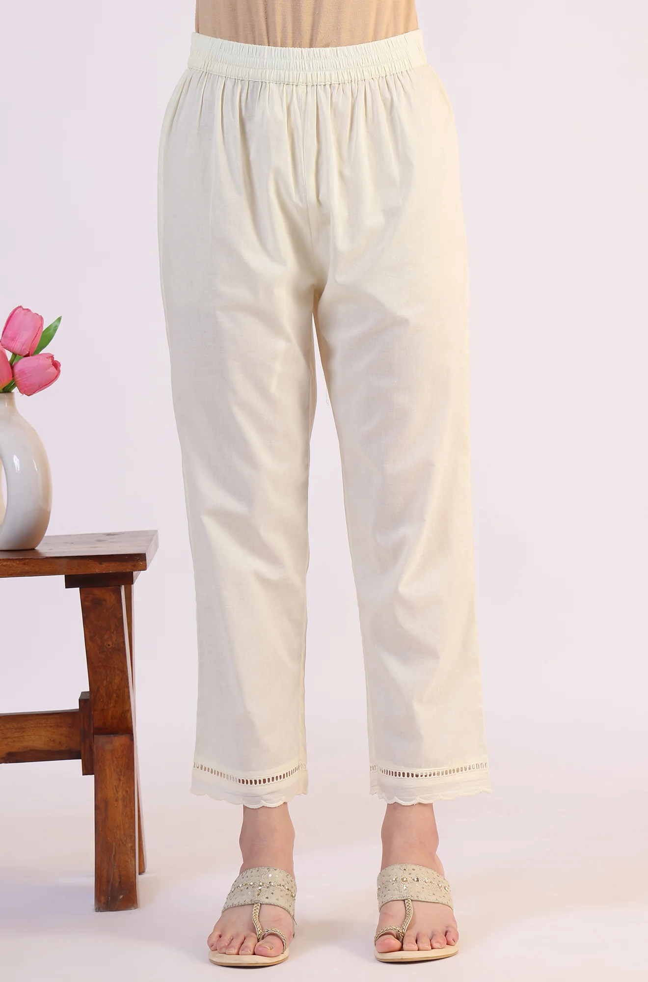White Embroidered Lace Straight Pure Cotton Kurta & Straight Pant With Dupatta Set - Image 8