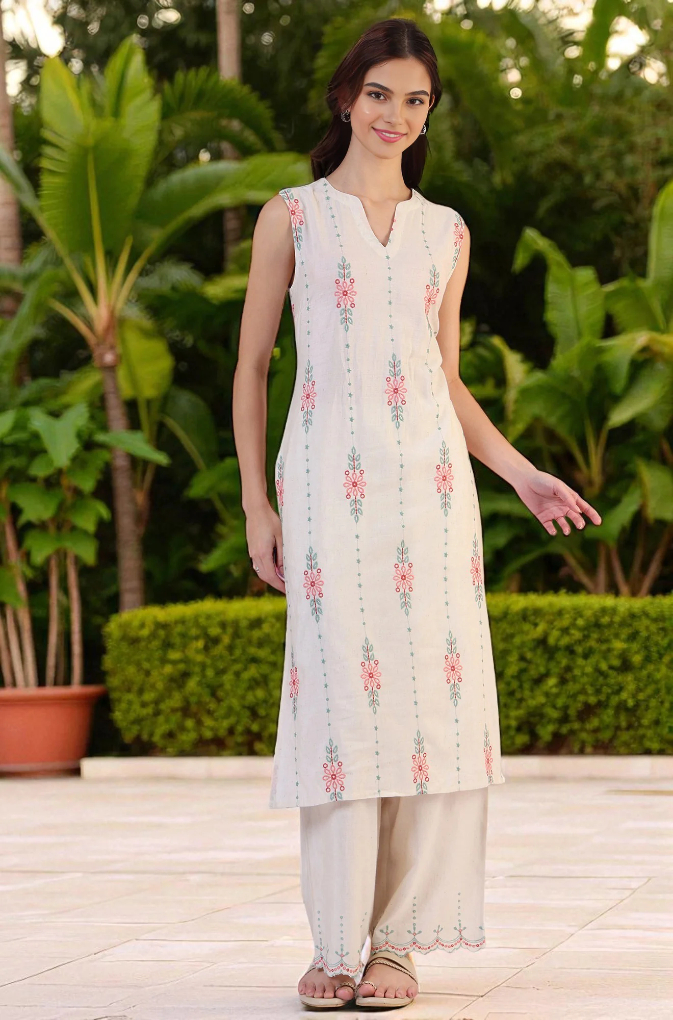 Beige Embroidered Straight Rayon Kurta & Parallel Pant Set