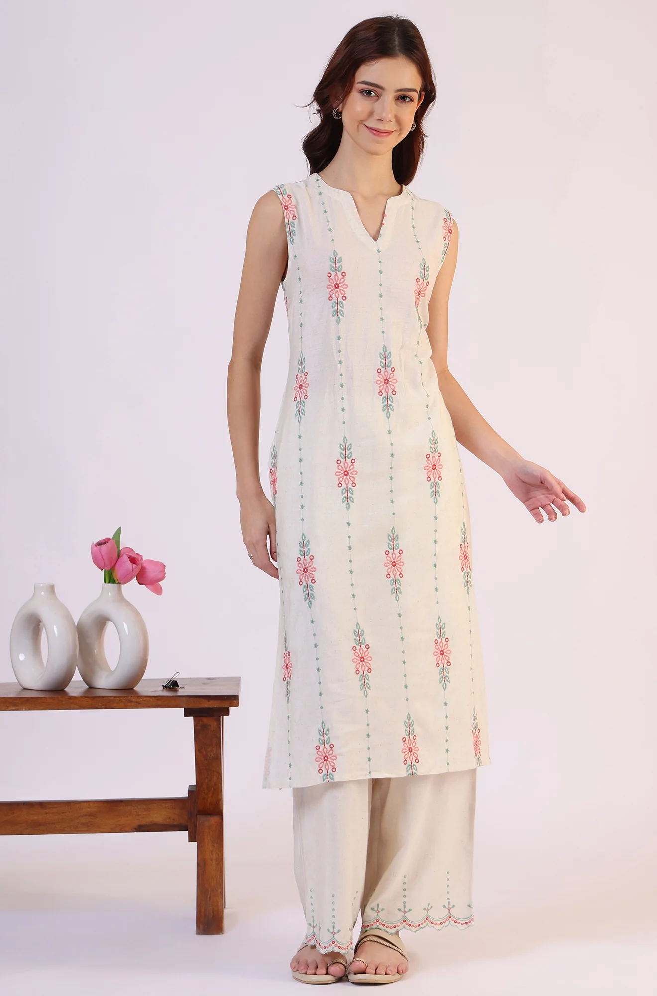 Beige Embroidered Straight Rayon Kurta & Parallel Pant Set - Image 2