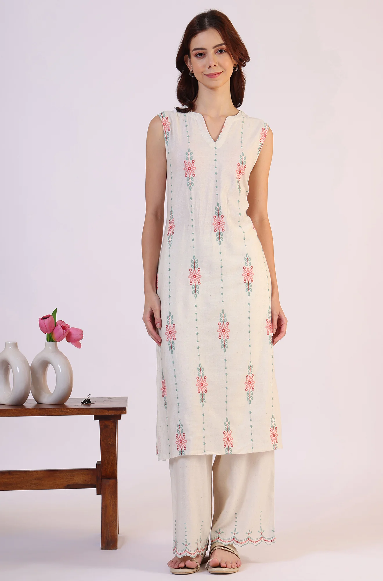 Beige Embroidered Straight Rayon Kurta & Parallel Pant Set - Image 3