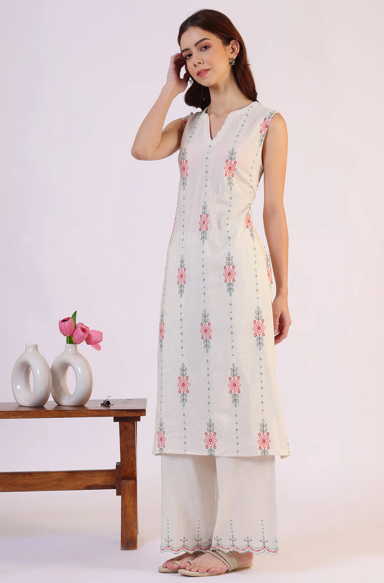Beige Embroidered Straight Rayon Kurta & Parallel Pant Set - Image 5