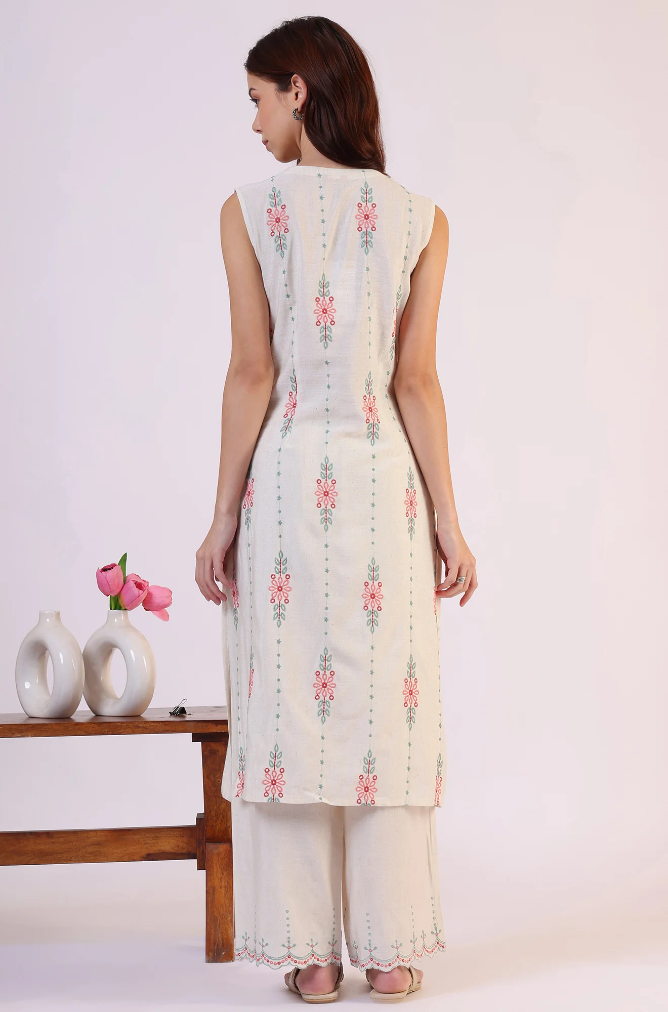Beige Embroidered Straight Rayon Kurta & Parallel Pant Set - Image 6
