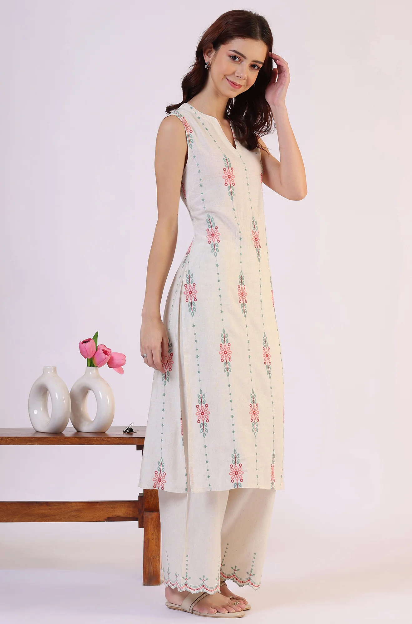 Beige Embroidered Straight Rayon Kurta & Parallel Pant Set - Image 7