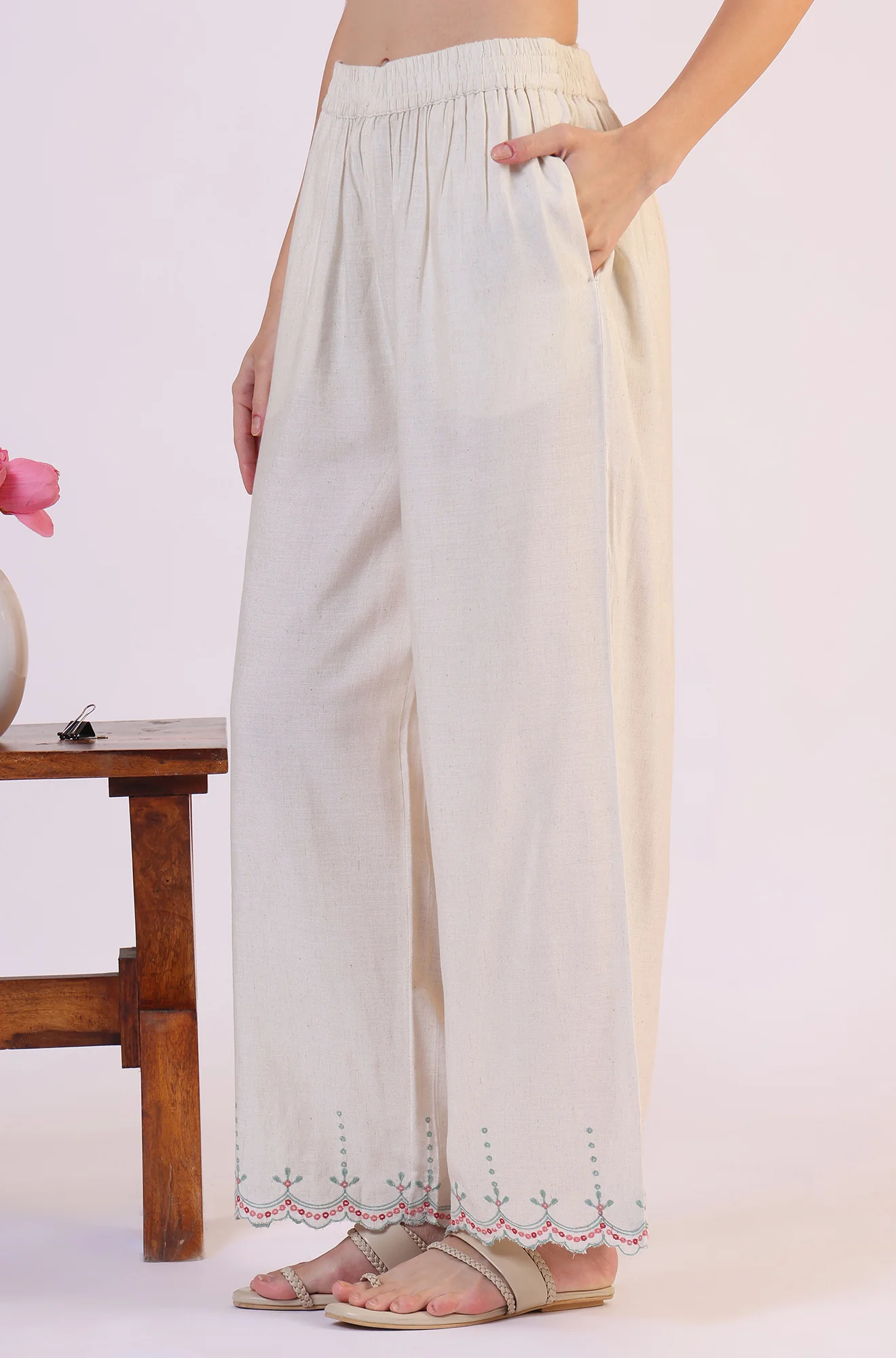 Beige Embroidered Straight Rayon Kurta & Parallel Pant Set - Image 8