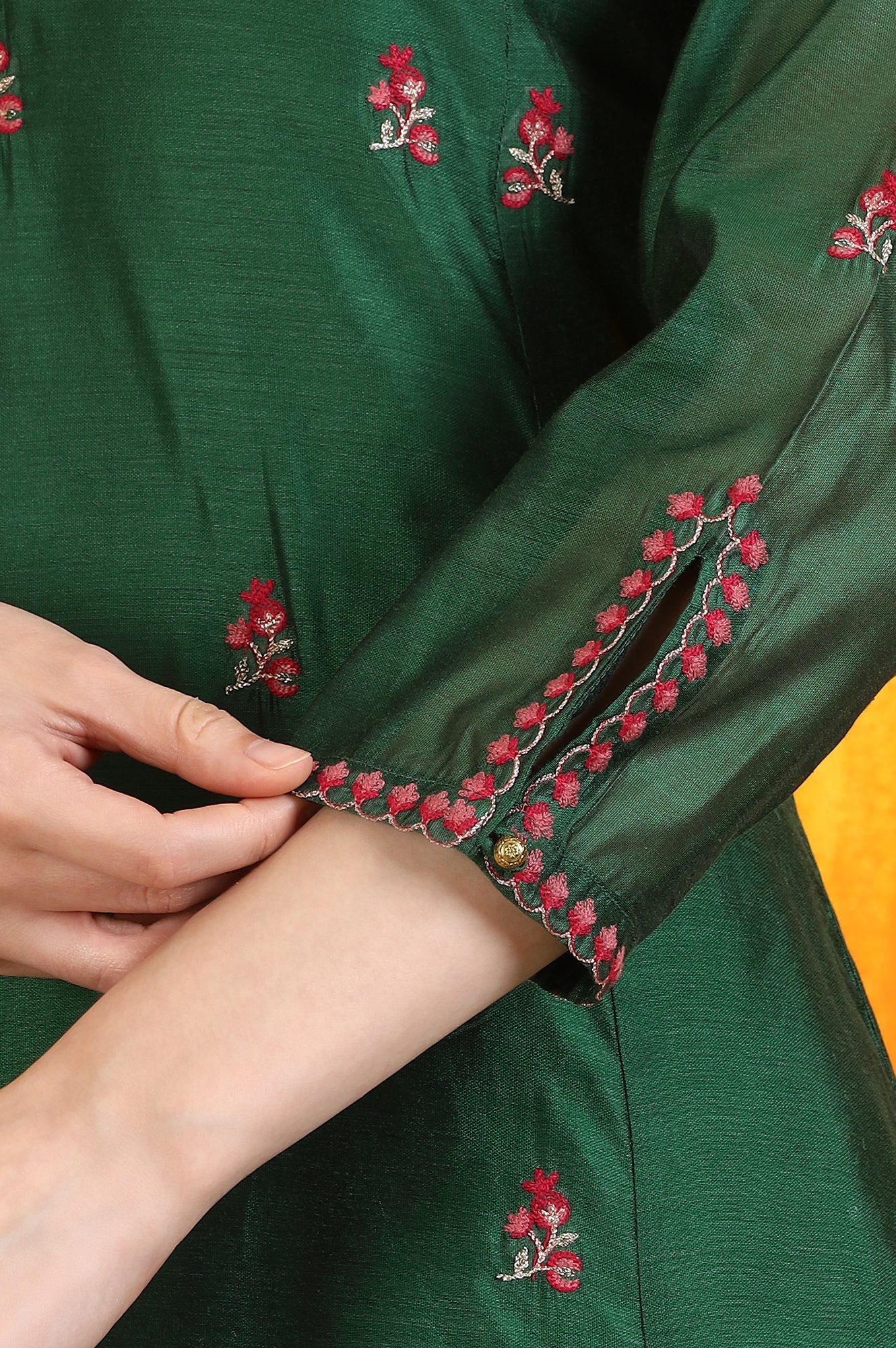 Emerald Green Embroidered Panelled Kurta, Flared Pants and Dupatta Set - Image 8