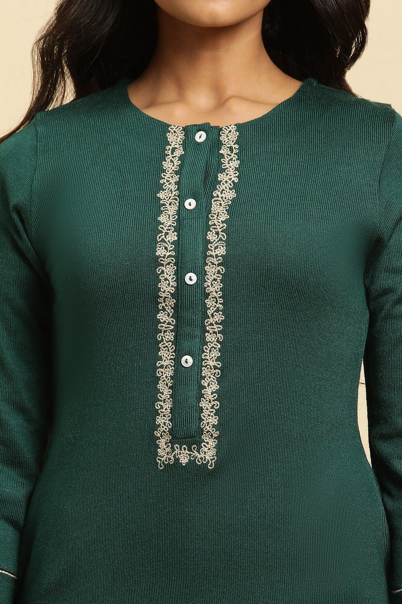 Emerald Green Embroidered Winter Kurta And Tights Set - Image 6