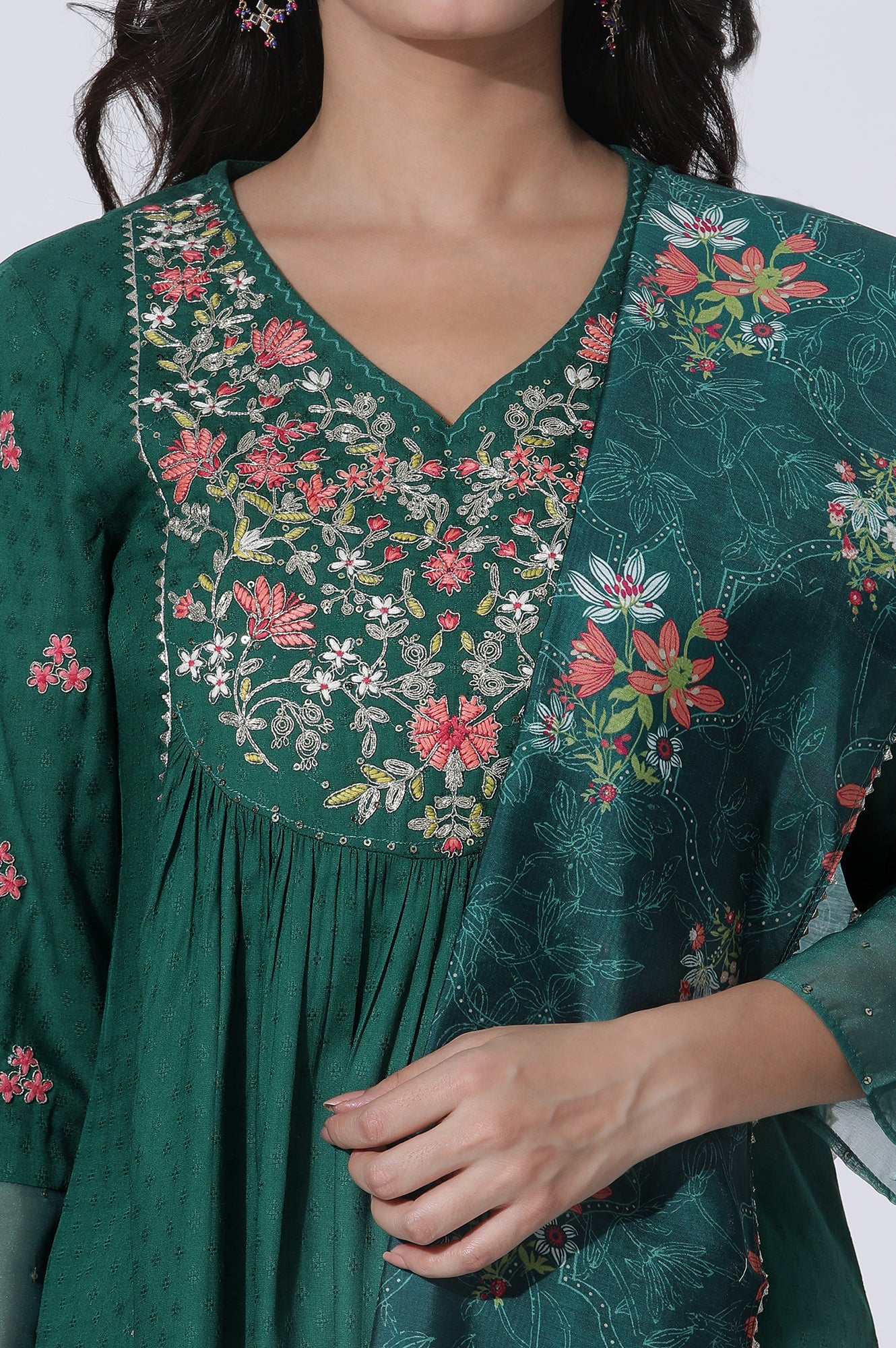 Emerald Green Panelled Embroidered Kurta, Pants And Printed Chanderi Dupatta - Image 6