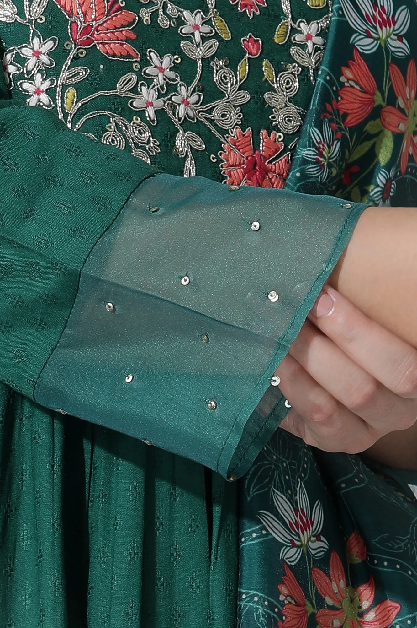 Emerald Green Panelled Embroidered Kurta, Pants And Printed Chanderi Dupatta - Image 7