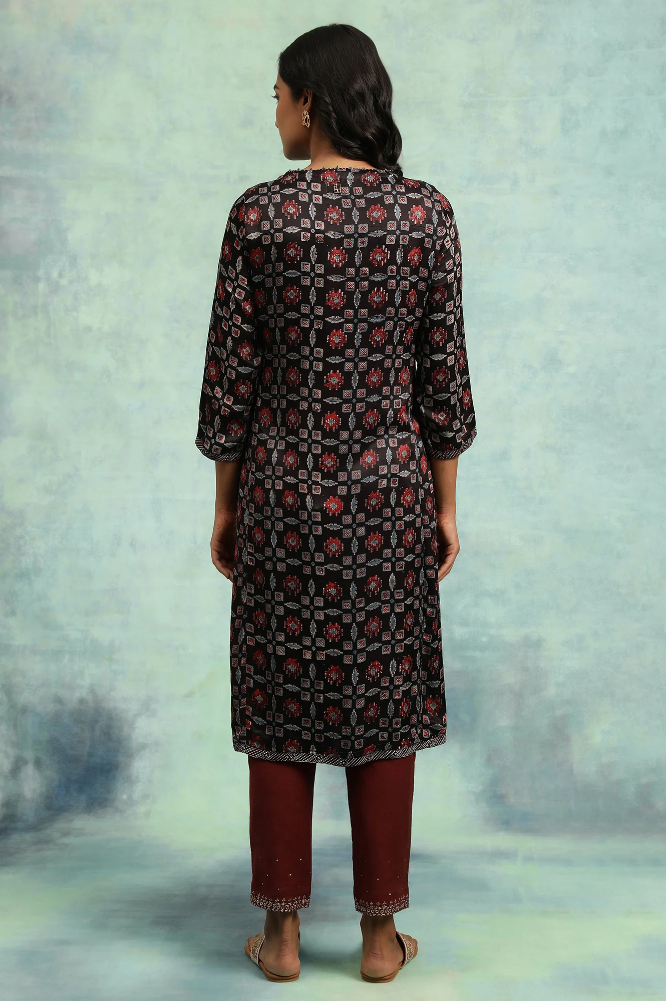 Espresso Ajrakh kurta In Lustrous Satin - Image 2