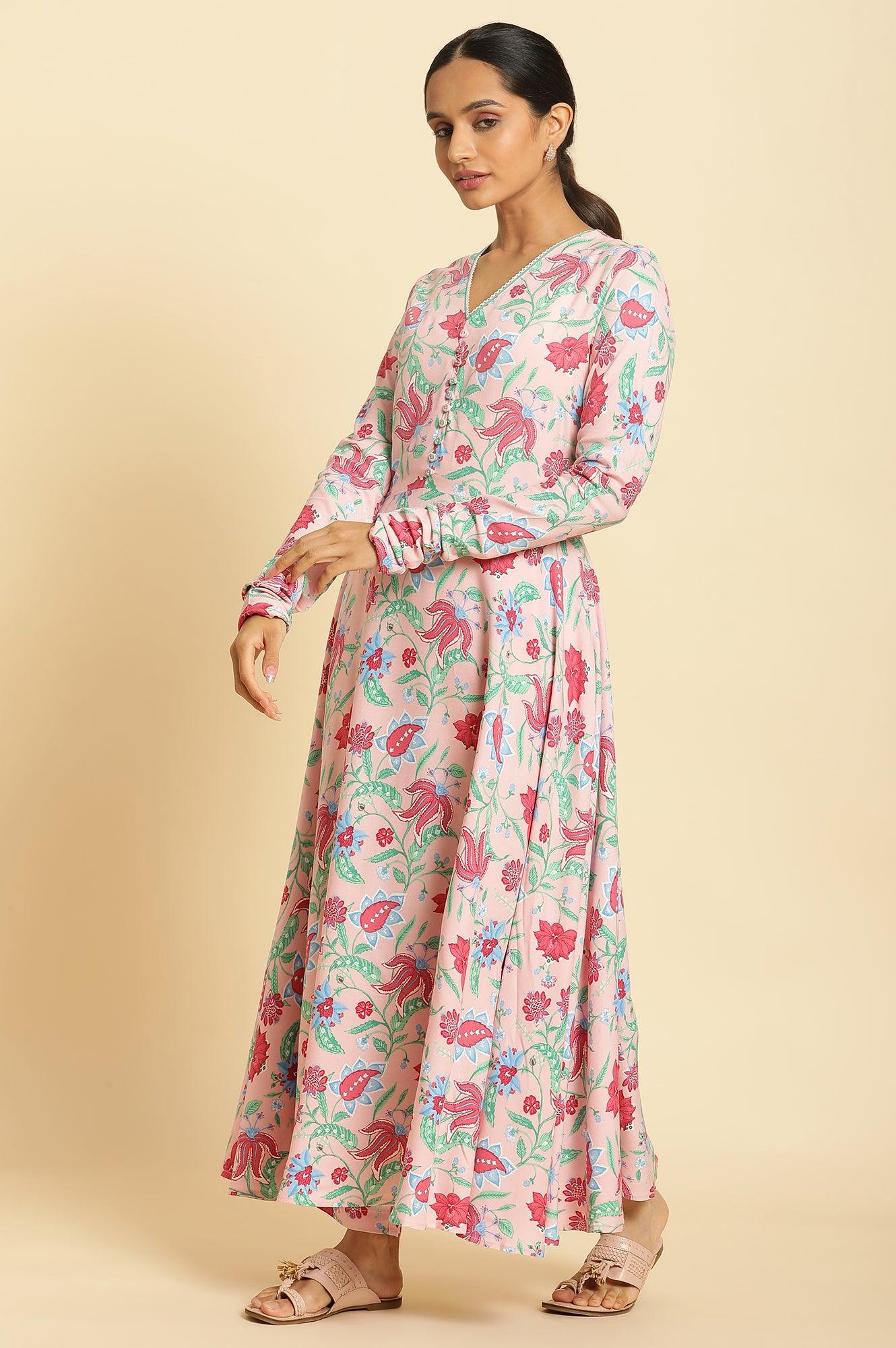 Flamingo Pink Floral Printed Anarkali Kurta, Pants And Dupatta Set - Image 2