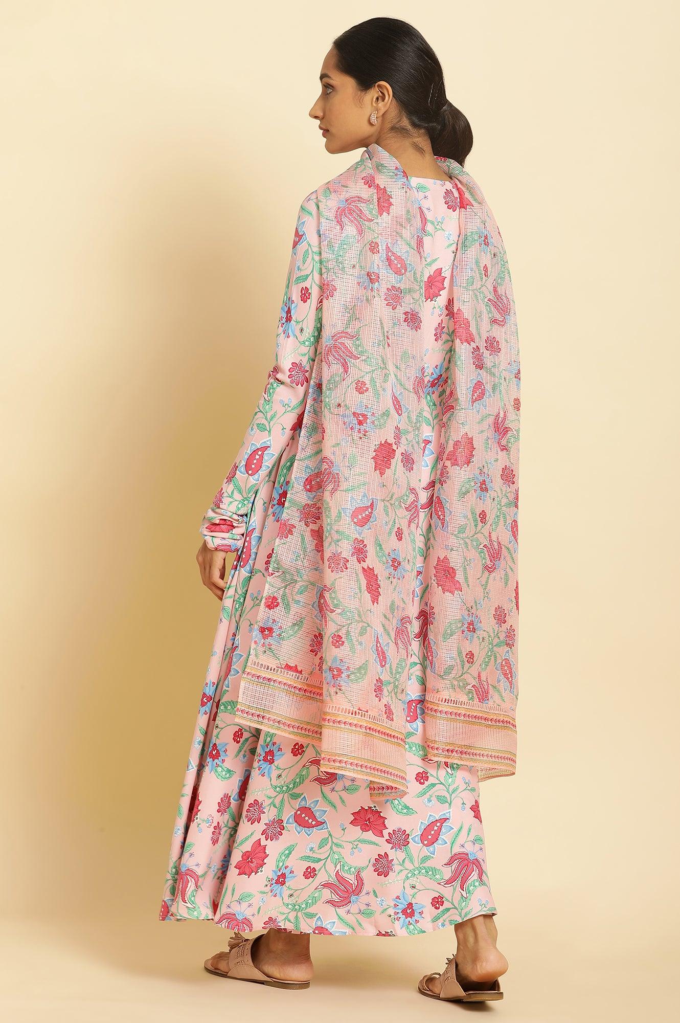 Flamingo Pink Floral Printed Anarkali Kurta, Pants And Dupatta Set - Image 3