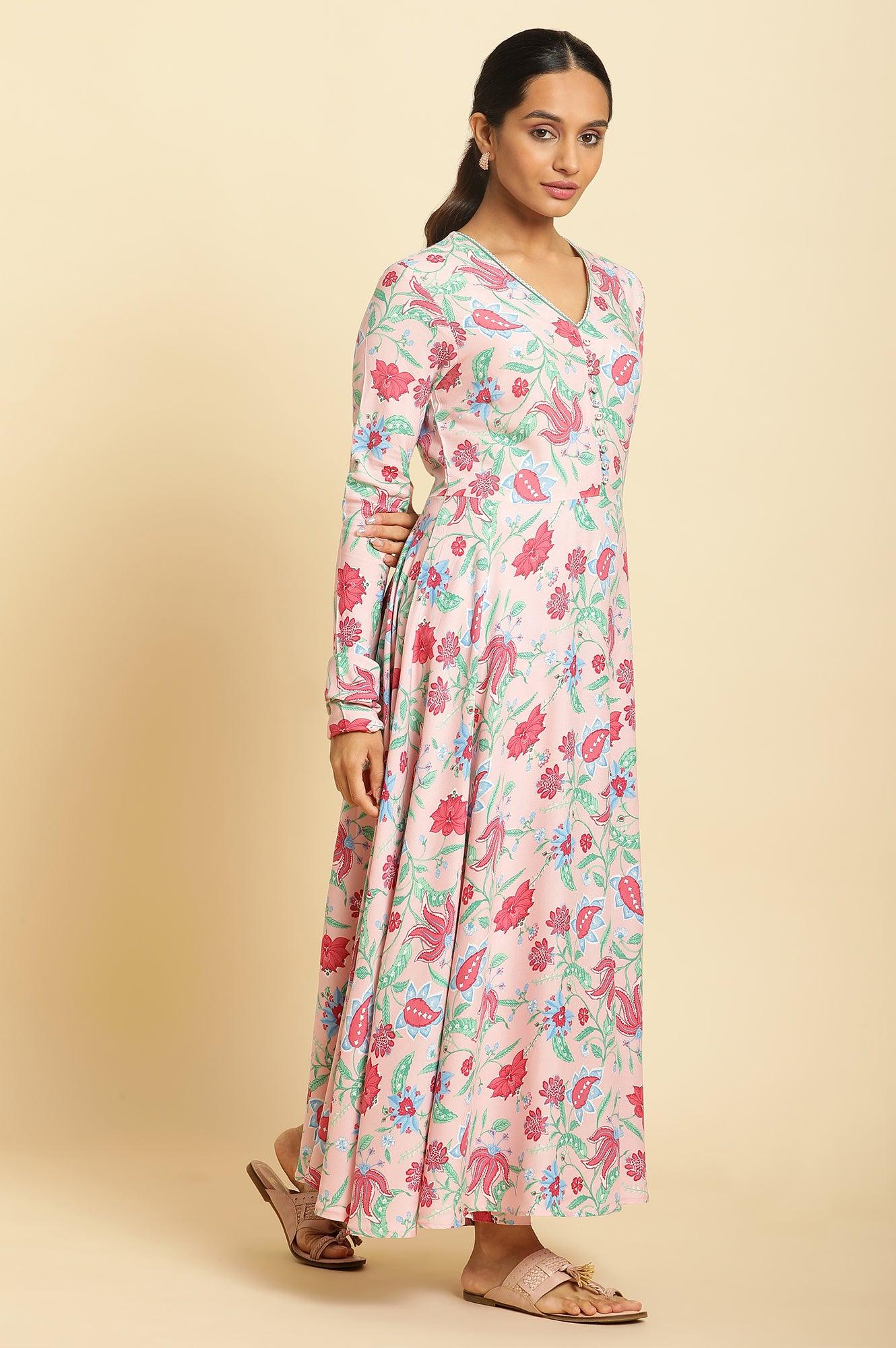 Flamingo Pink Floral Printed Anarkali Kurta, Pants And Dupatta Set - Image 4