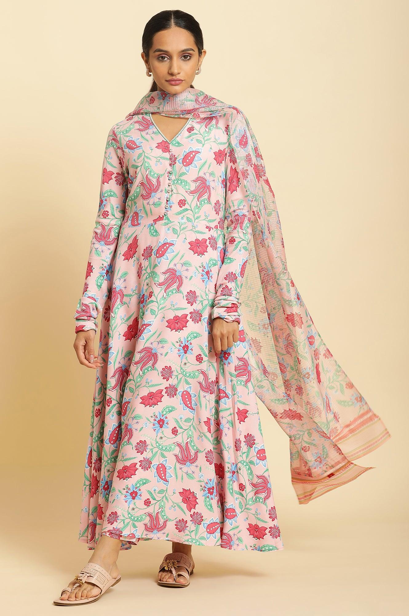 Flamingo Pink Floral Printed Anarkali Kurta, Pants And Dupatta Set - Image 5