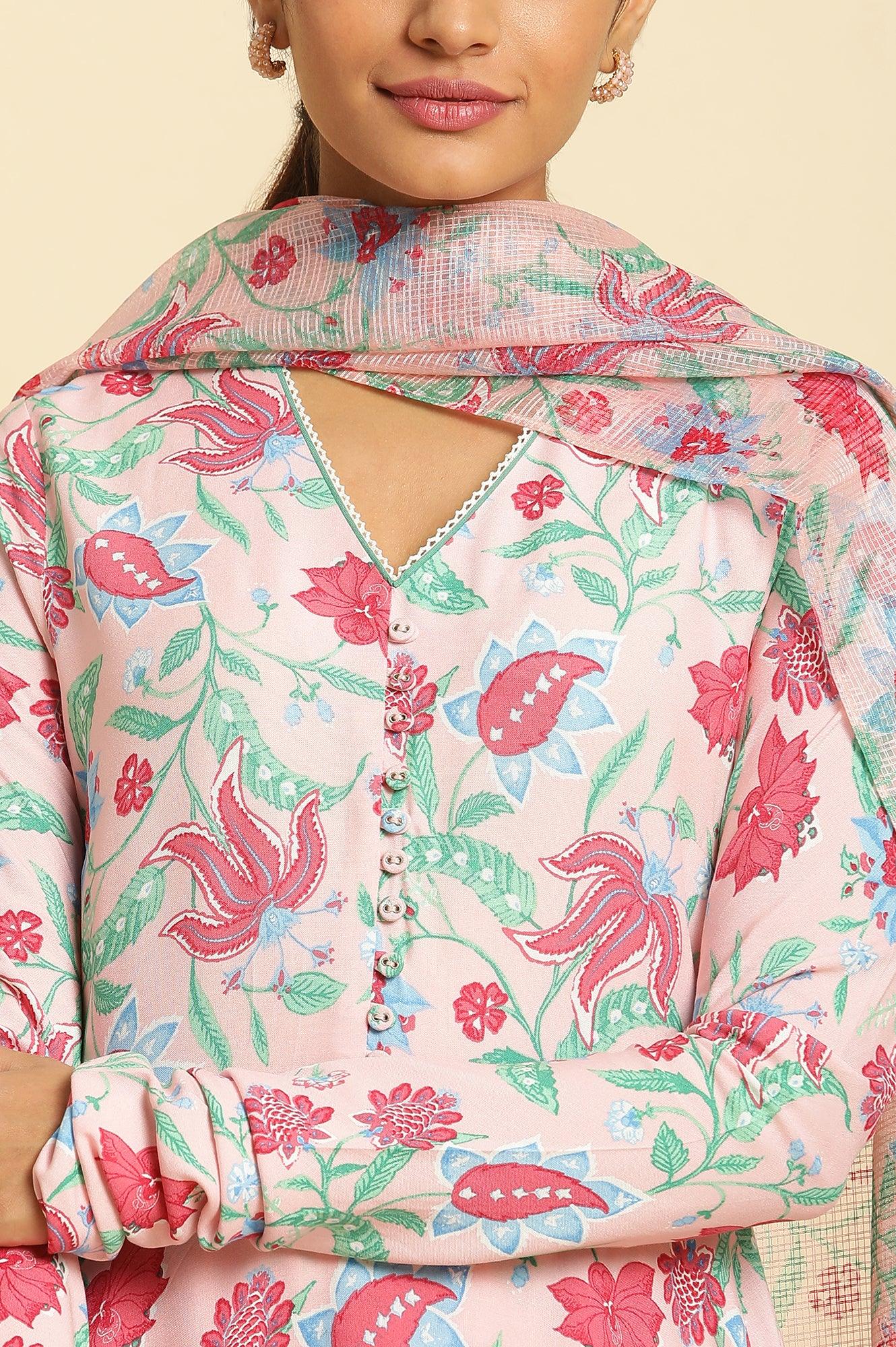 Flamingo Pink Floral Printed Anarkali Kurta, Pants And Dupatta Set - Image 6