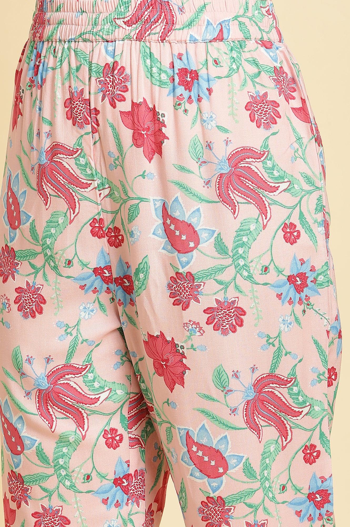 Flamingo Pink Floral Printed Anarkali Kurta, Pants And Dupatta Set - Image 7