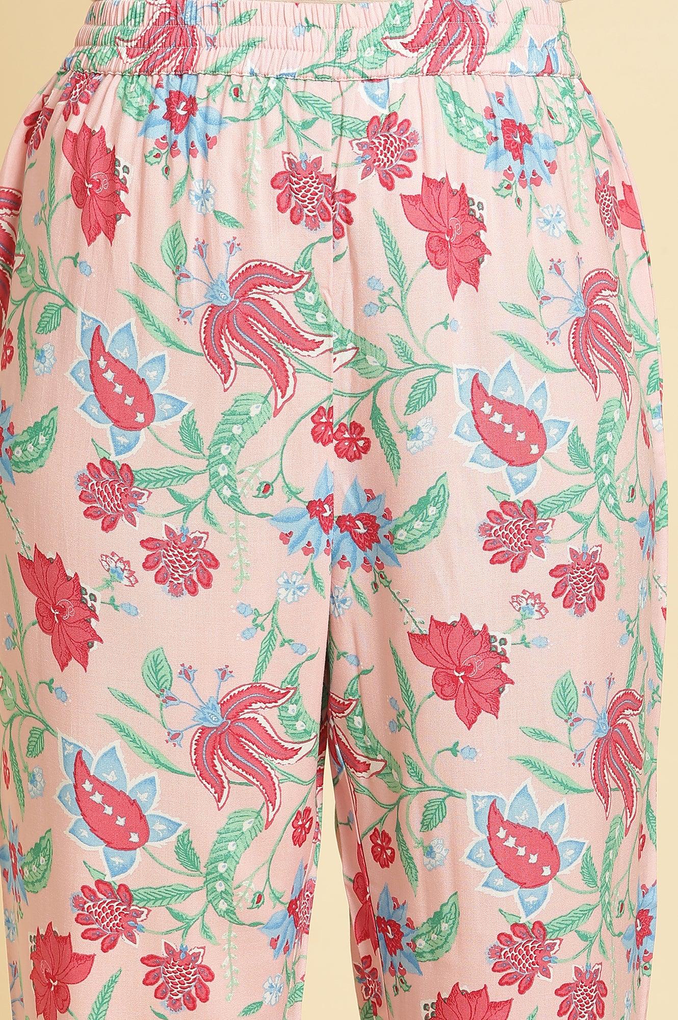 Flamingo Pink Floral Printed Anarkali Kurta, Pants And Dupatta Set - Image 8