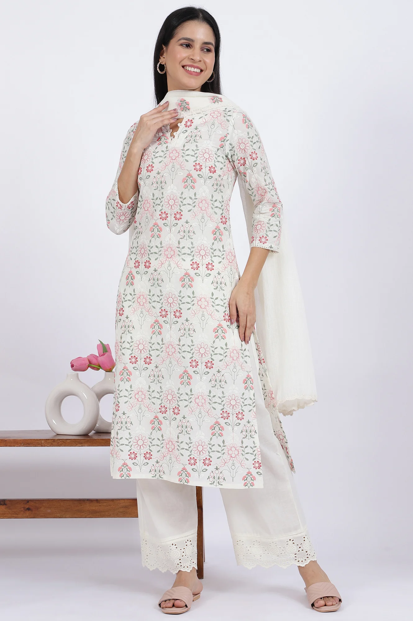 White Flora Printed Lace Pure Cotton Straight Kurta & Parallel Pants With Dupatta Set - Image 3