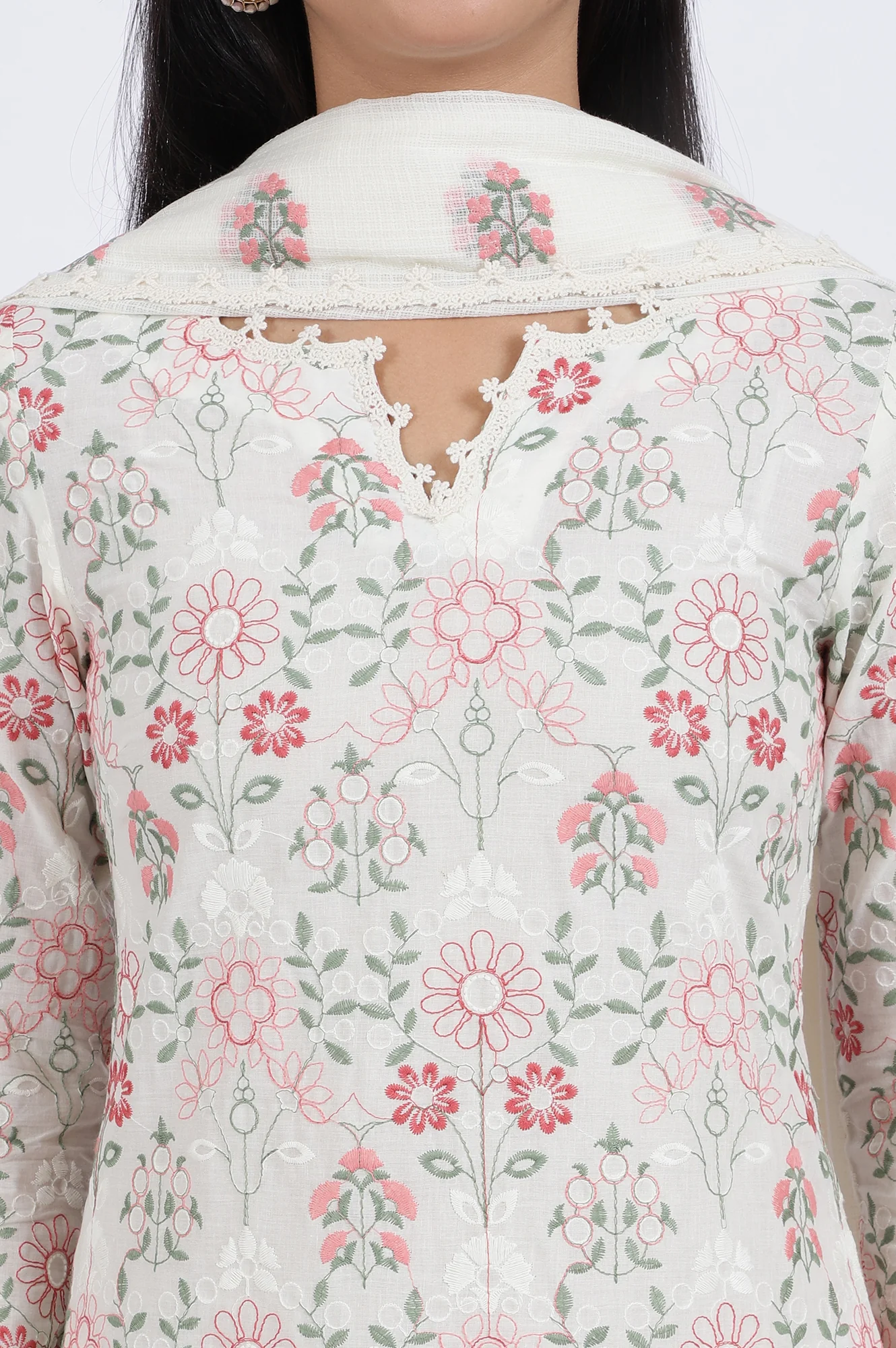 White Flora Printed Lace Pure Cotton Straight Kurta & Parallel Pants With Dupatta Set - Image 4