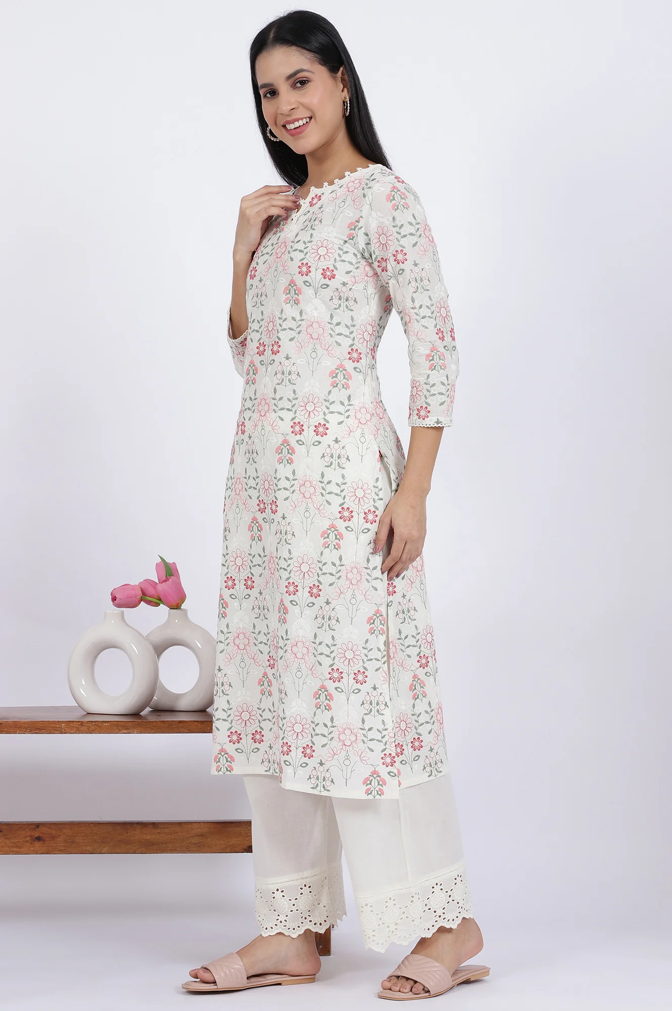 White Flora Printed Lace Pure Cotton Straight Kurta & Parallel Pants With Dupatta Set - Image 5
