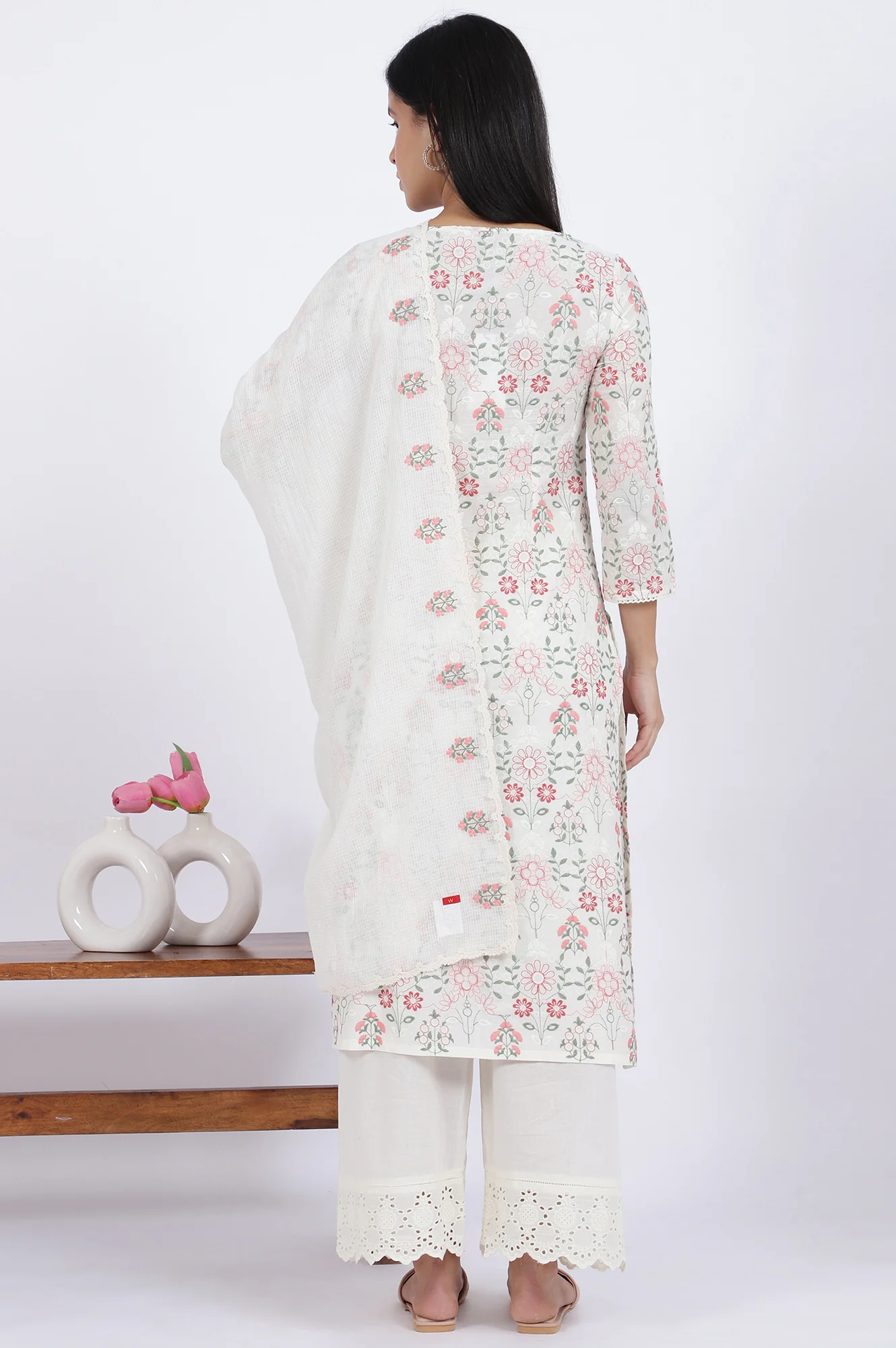 White Flora Printed Lace Pure Cotton Straight Kurta & Parallel Pants With Dupatta Set - Image 6
