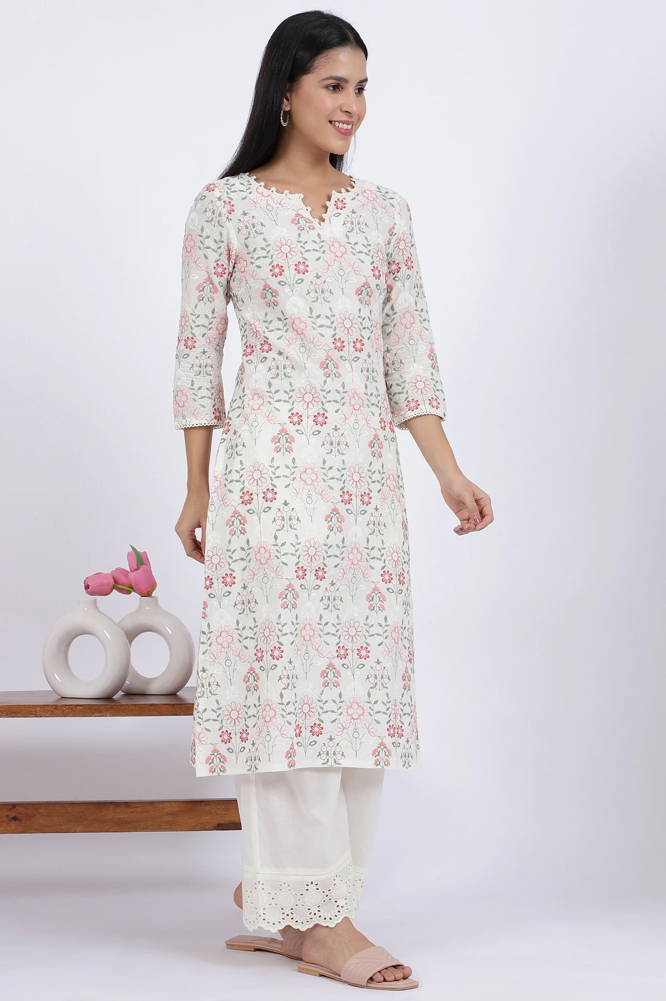 White Flora Printed Lace Pure Cotton Straight Kurta & Parallel Pants With Dupatta Set - Image 7