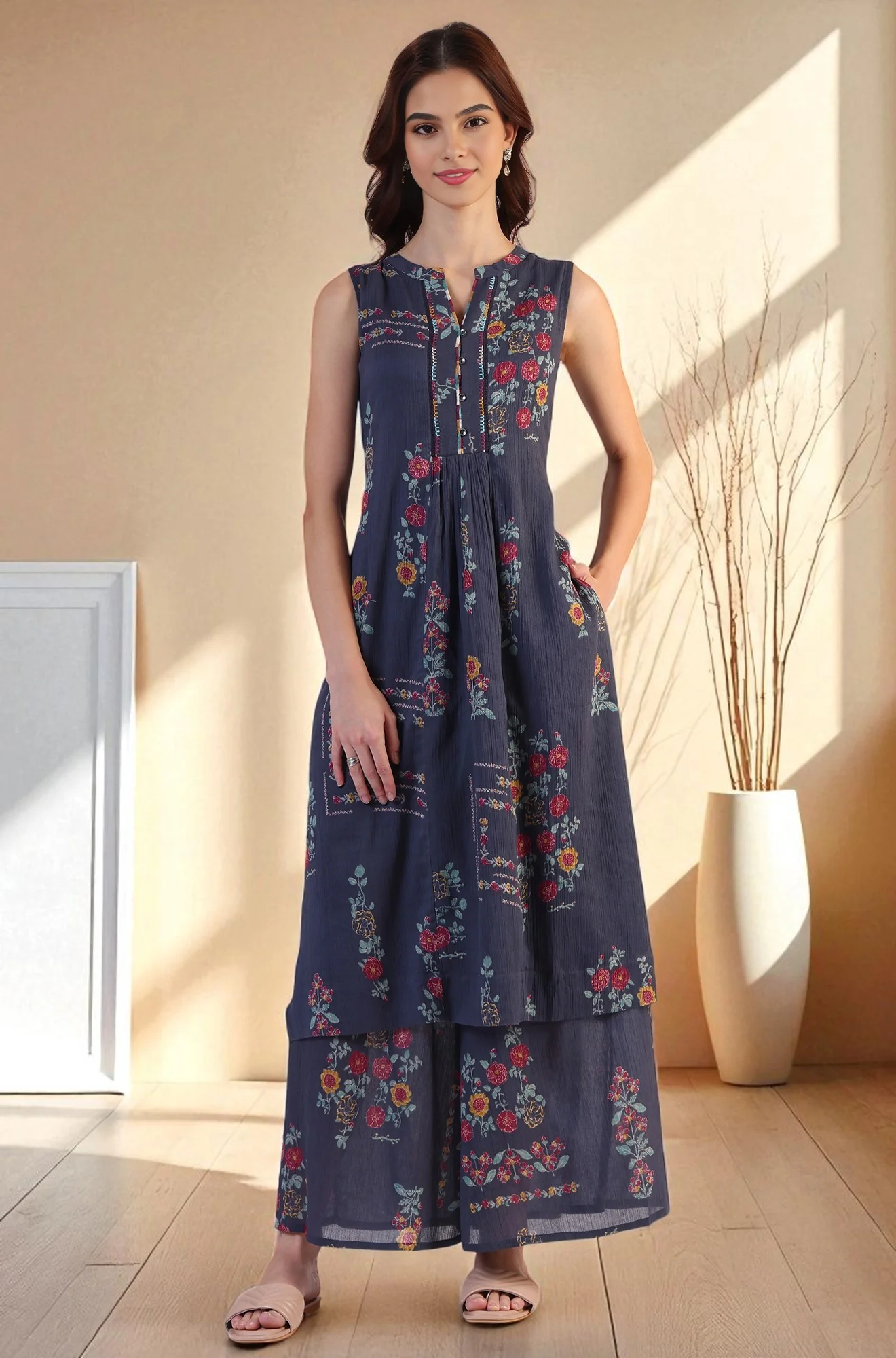 Floral Printed A-line Pure Cotton Kurta & Parallel Pants Set