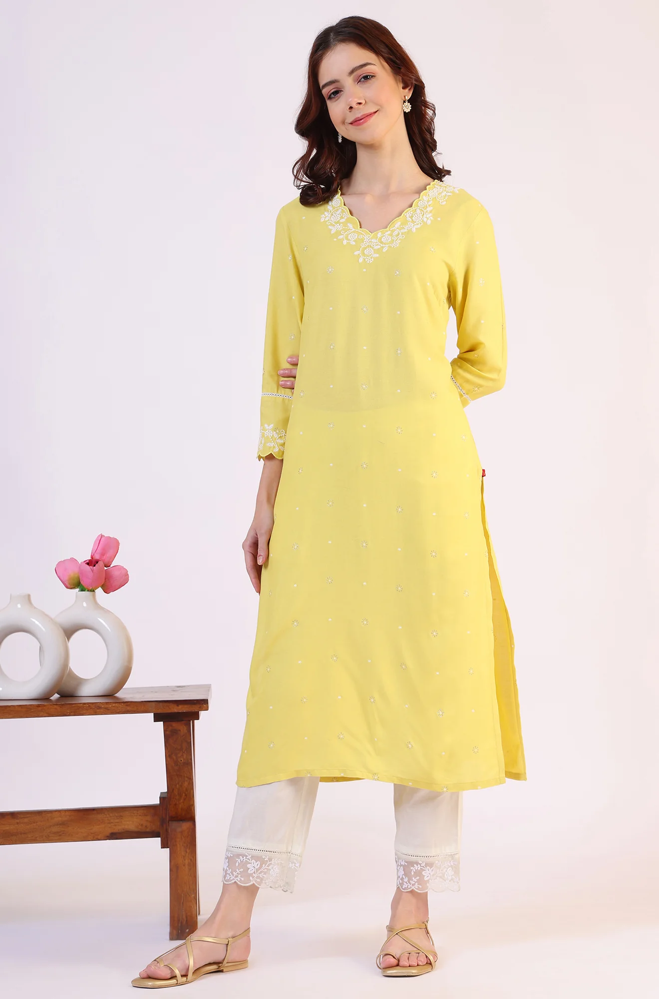 Yellow Floral Printed A-Line Viscose Kurta - Image 2
