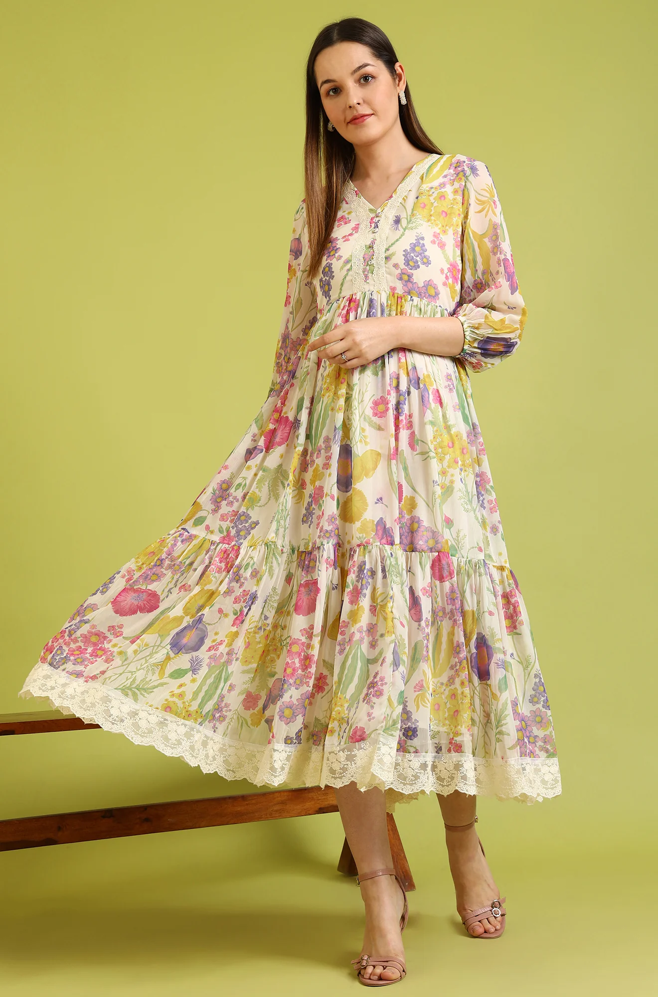 White Floral Printed Tiered Chiffon Dress with Lace Detail - Image 2