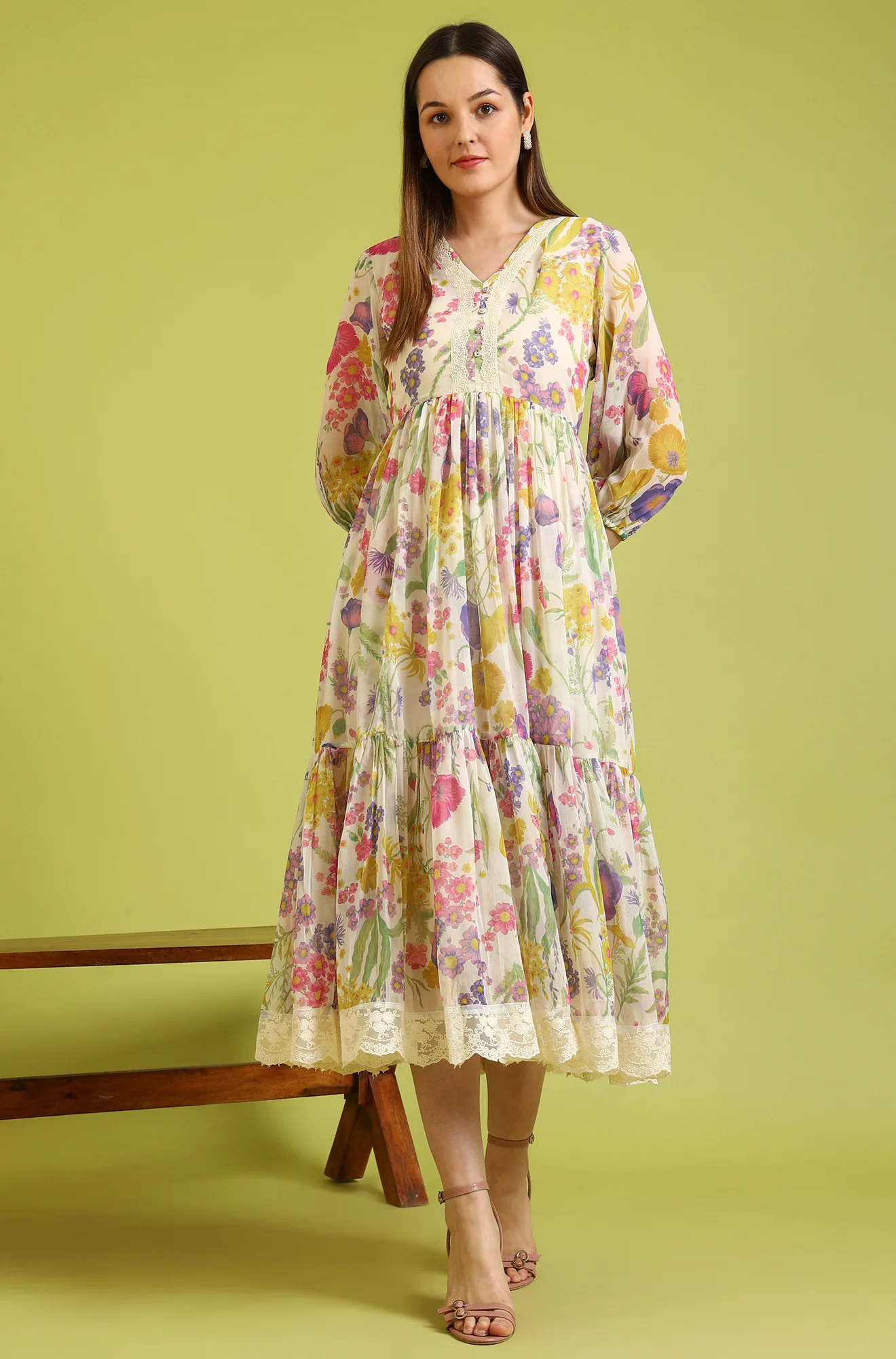 White Floral Printed Tiered Chiffon Dress with Lace Detail - Image 3