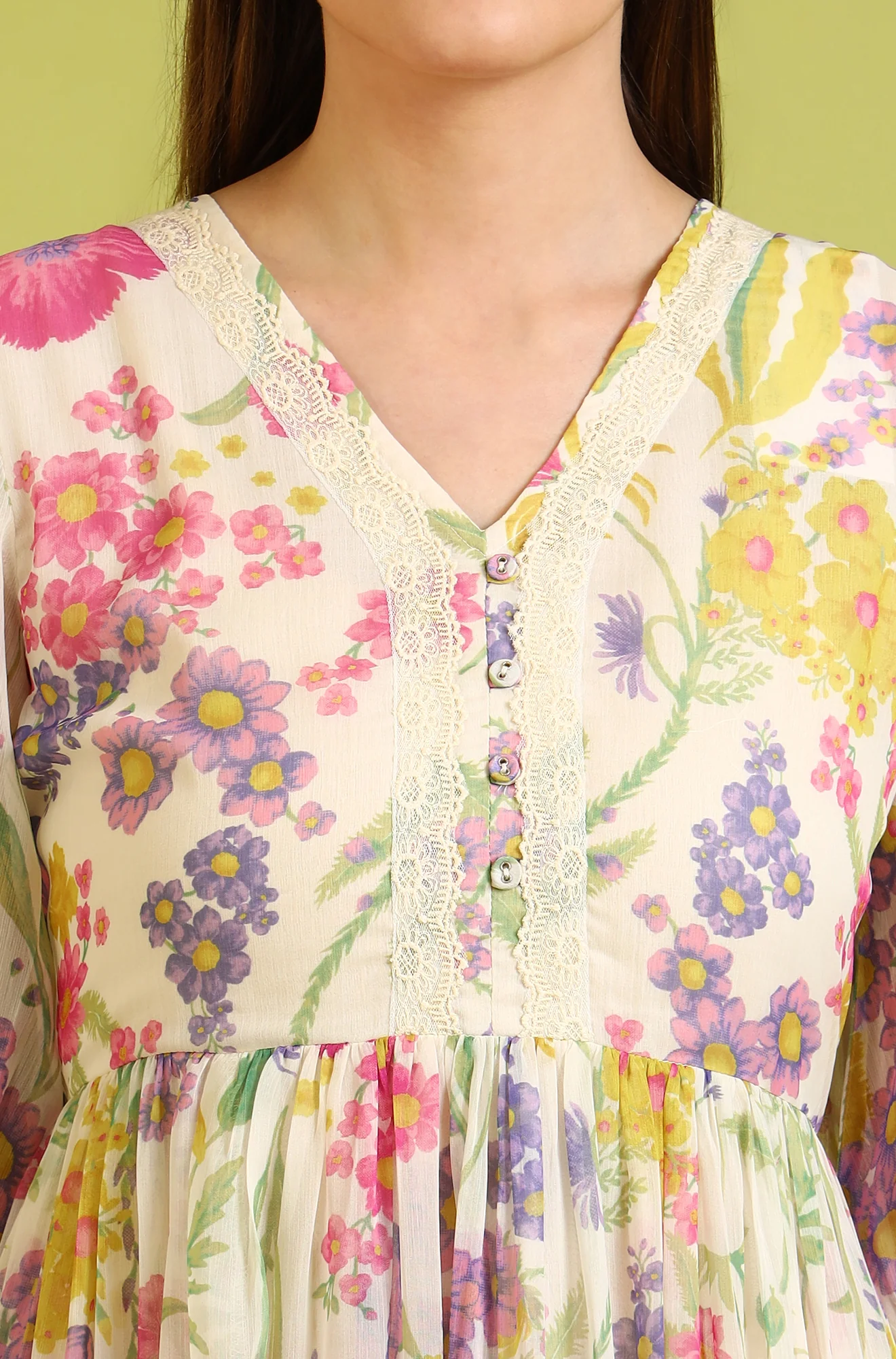 White Floral Printed Tiered Chiffon Dress with Lace Detail - Image 4
