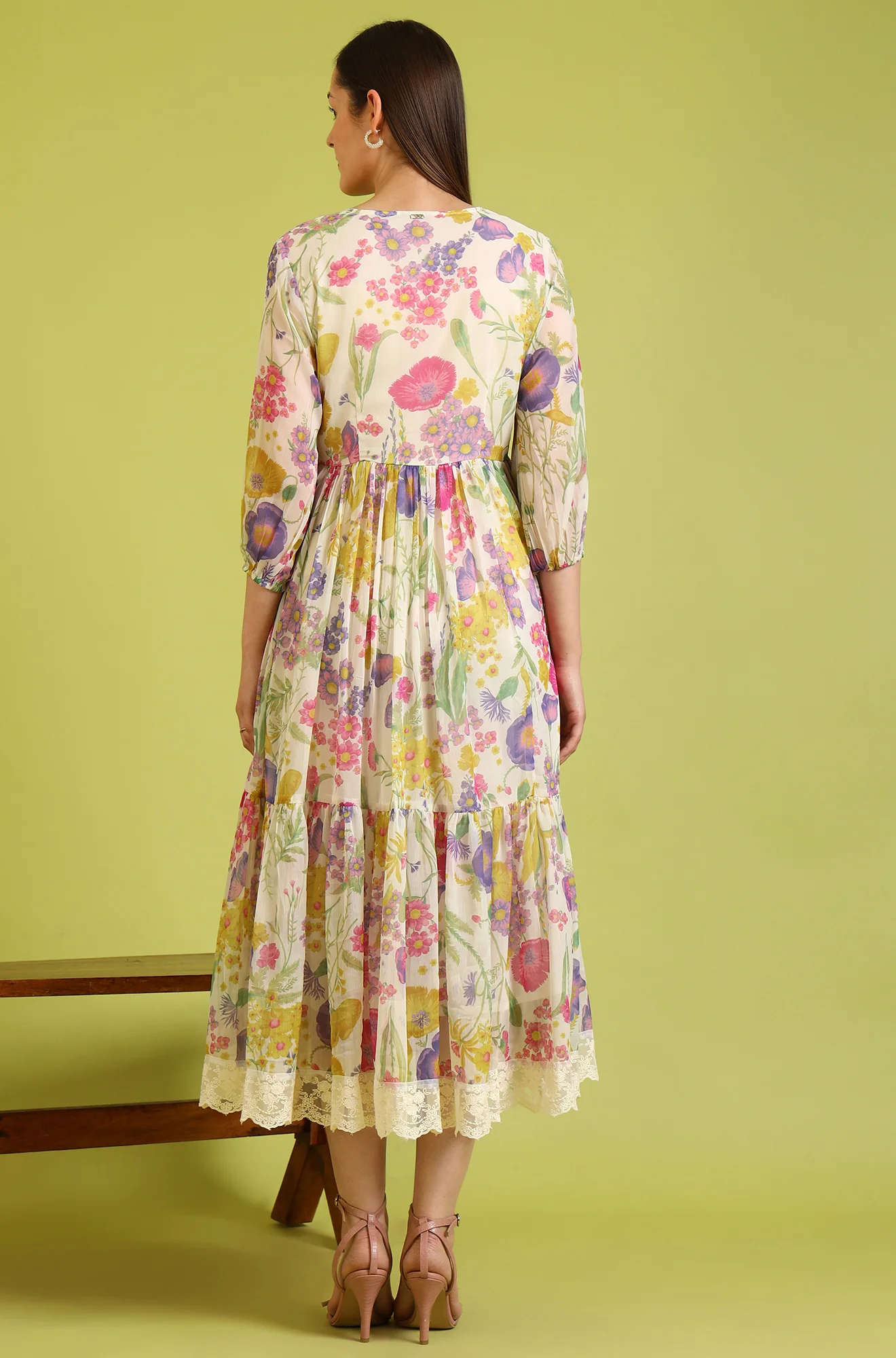 White Floral Printed Tiered Chiffon Dress with Lace Detail - Image 6