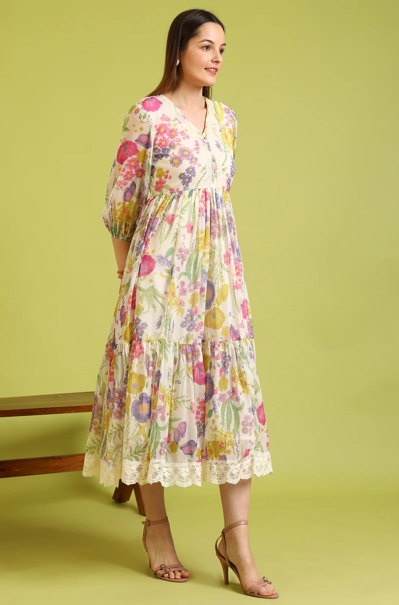 White Floral Printed Tiered Chiffon Dress with Lace Detail - Image 7