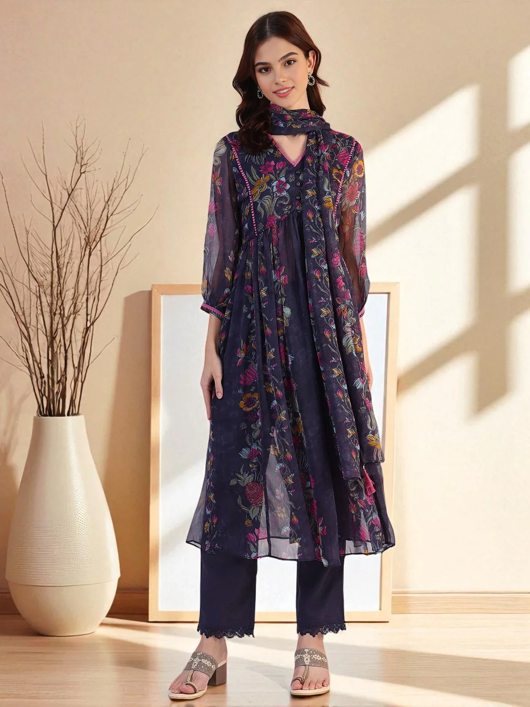 Floral Printed Flared Sheer Kota Kurta & Straight Pant with Dupatta Set