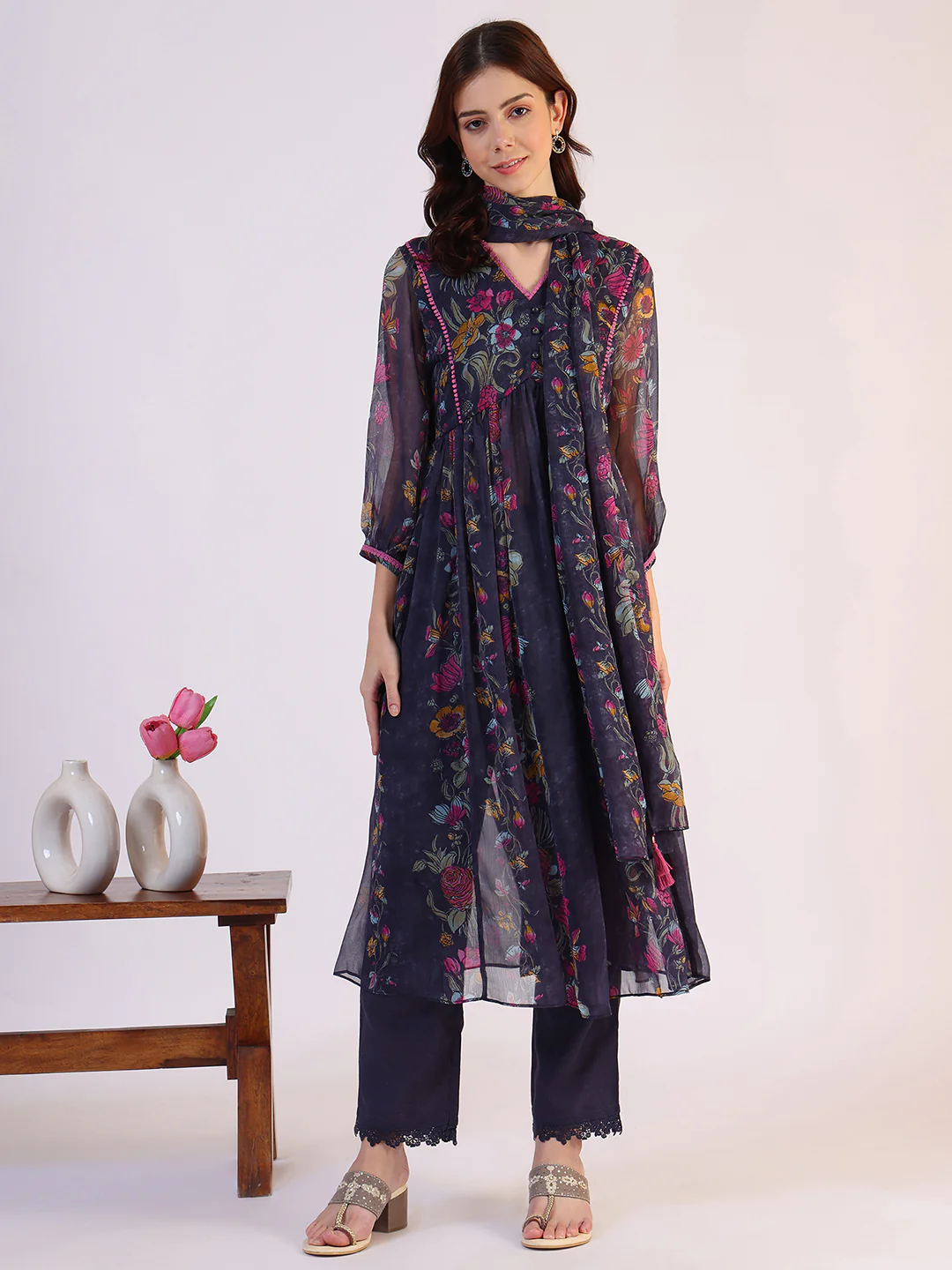 Floral Printed Flared Sheer Kota Kurta & Straight Pant with Dupatta Set - Image 2