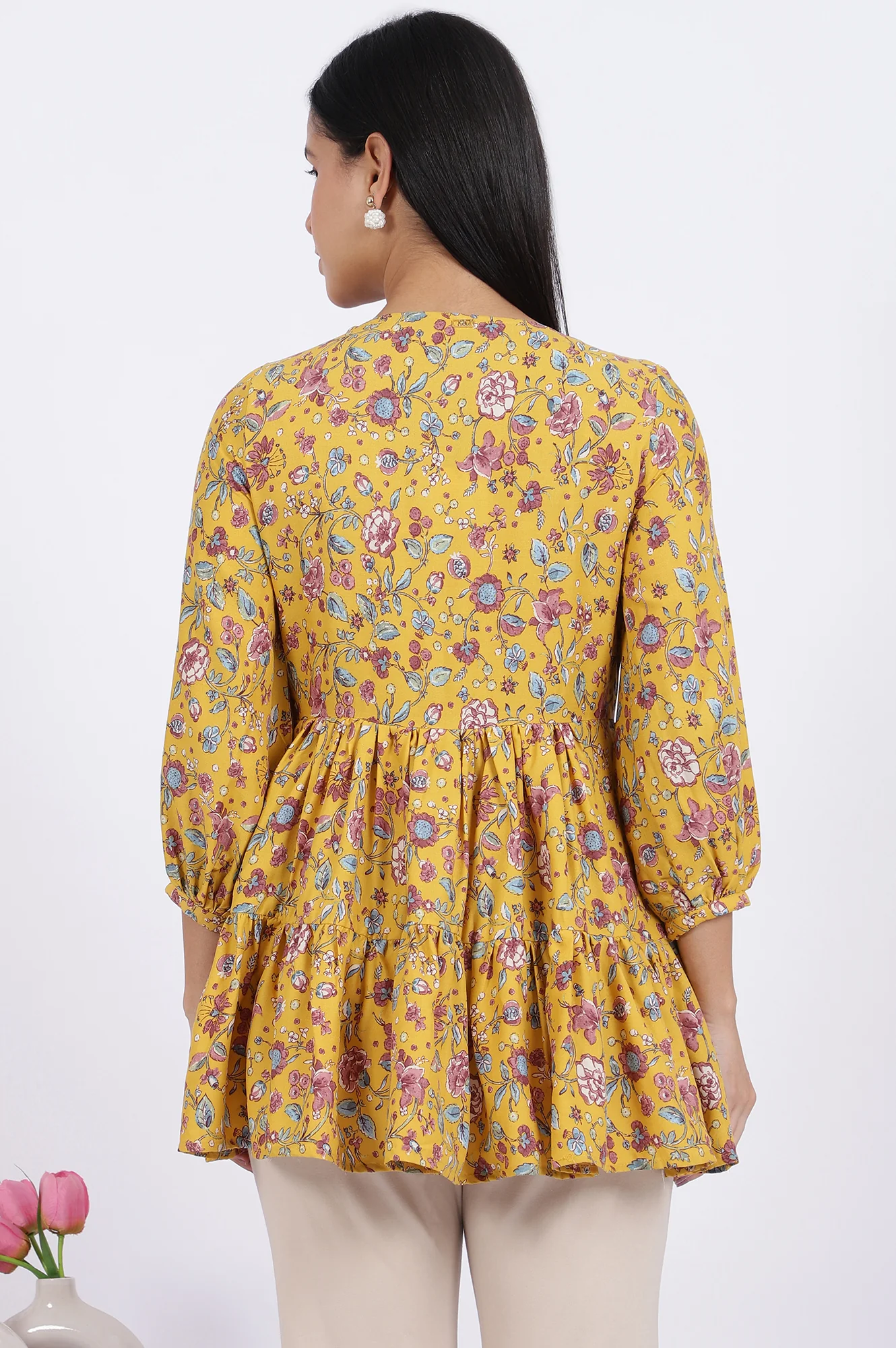 Yellow Floral Printed Flared Tiered Top with Sleeves - Image 6