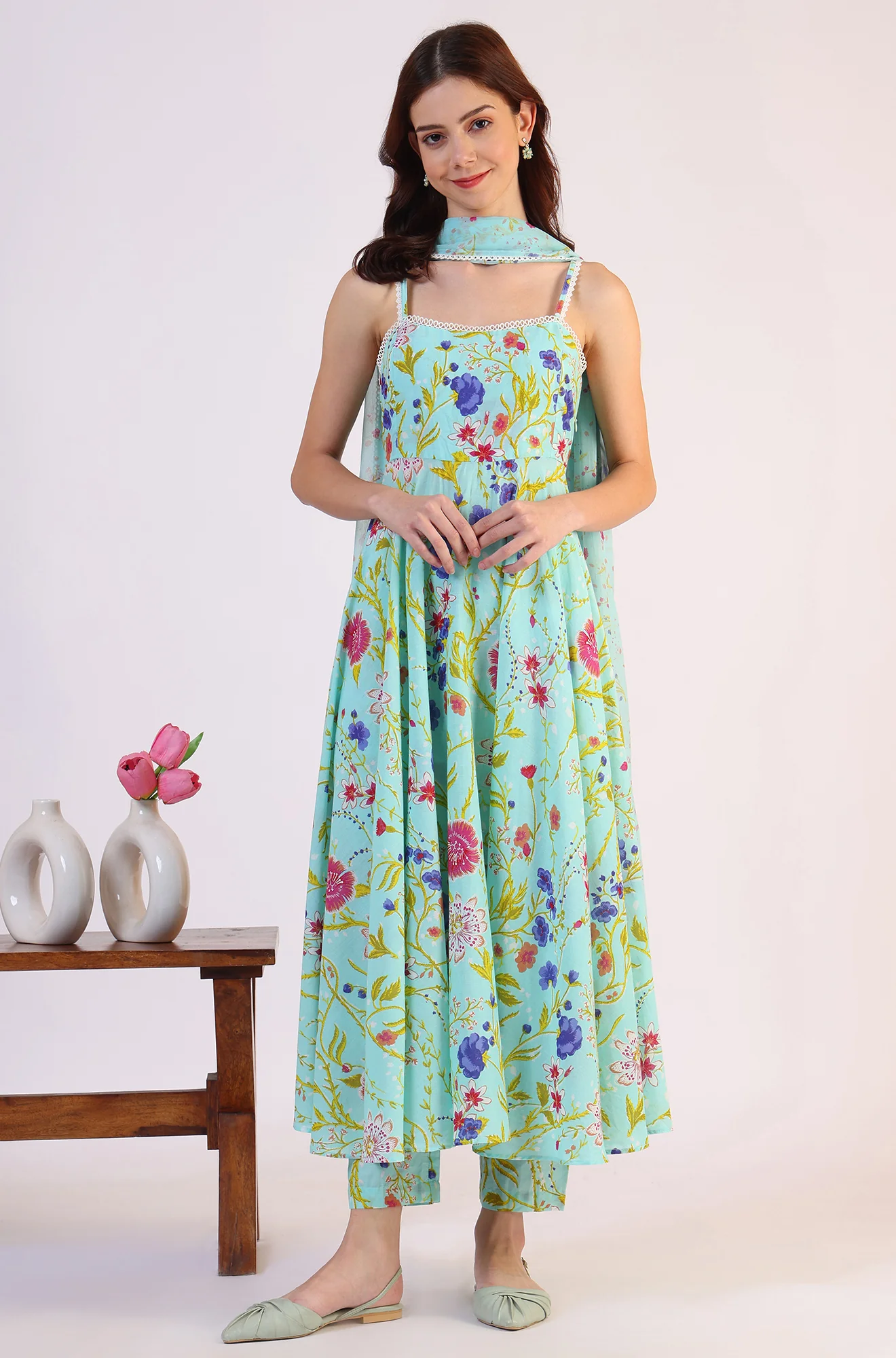 Floral Printed Lace Flared Pure Cotton Kurta & Straight Pant with Dupatta Set - Image 3