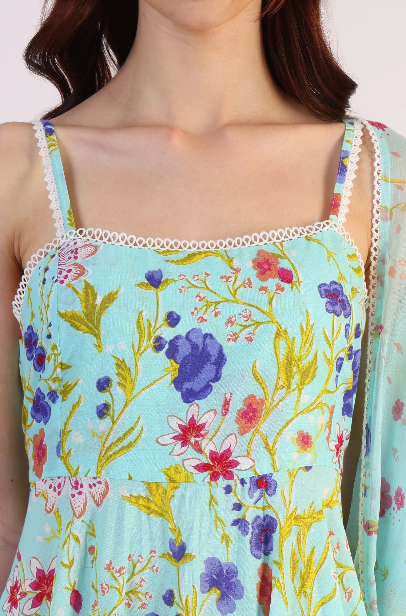 Floral Printed Lace Flared Pure Cotton Kurta & Straight Pant with Dupatta Set - Image 4