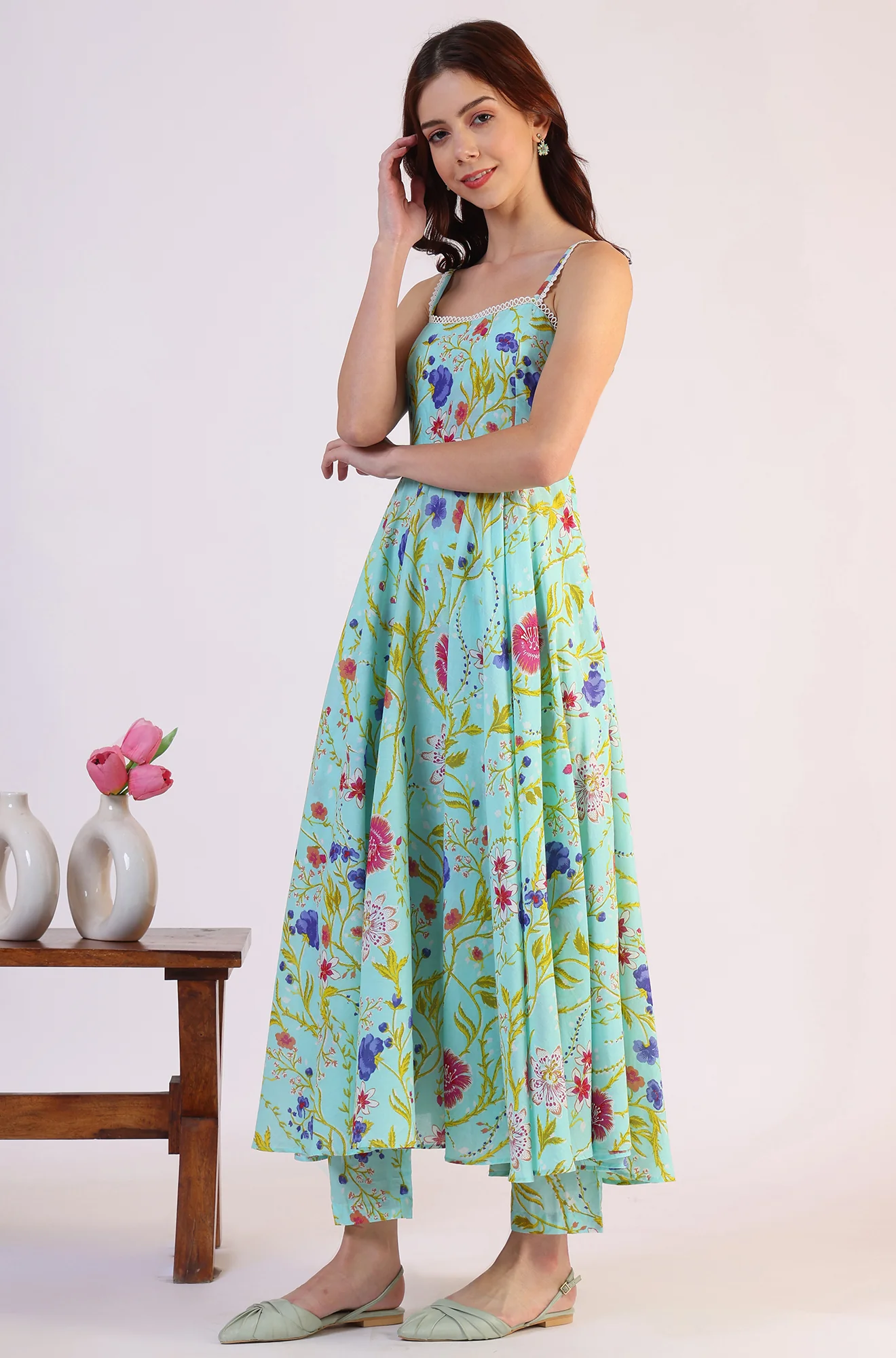 Floral Printed Lace Flared Pure Cotton Kurta & Straight Pant with Dupatta Set - Image 5