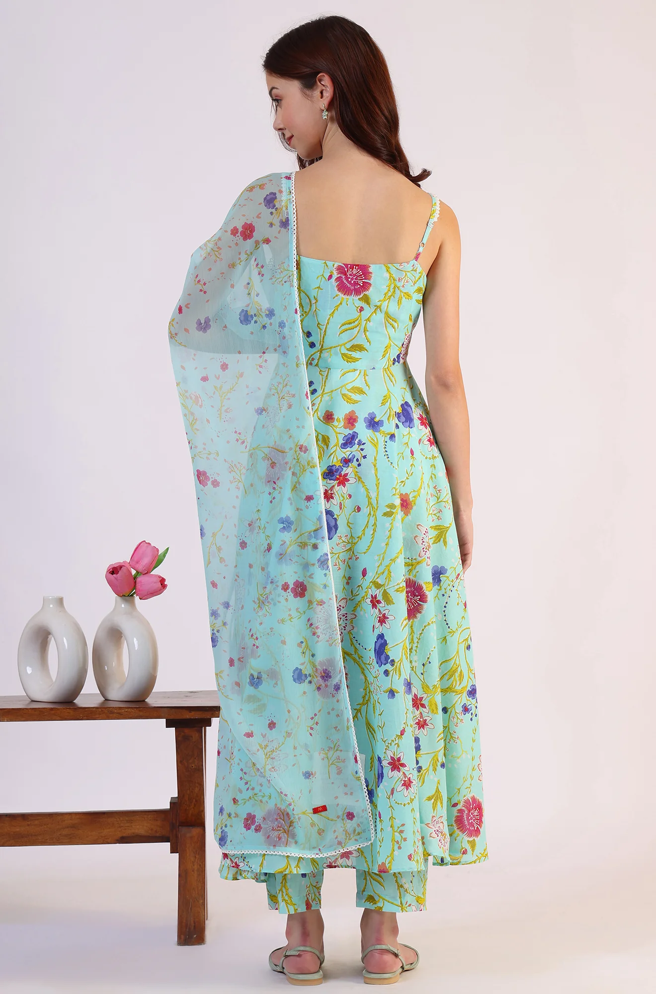 Floral Printed Lace Flared Pure Cotton Kurta & Straight Pant with Dupatta Set - Image 6