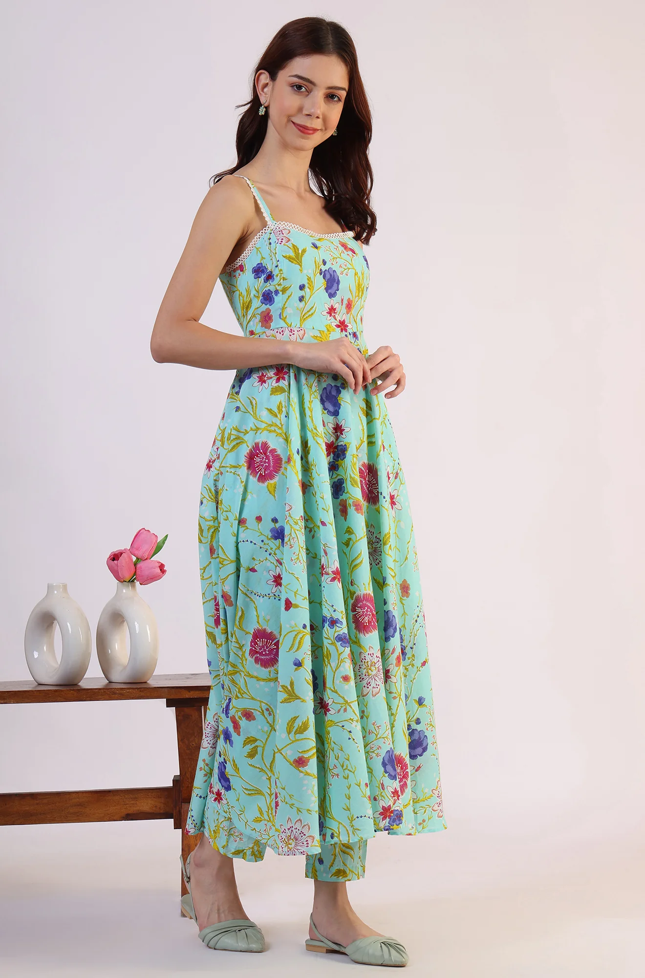 Floral Printed Lace Flared Pure Cotton Kurta & Straight Pant with Dupatta Set - Image 7
