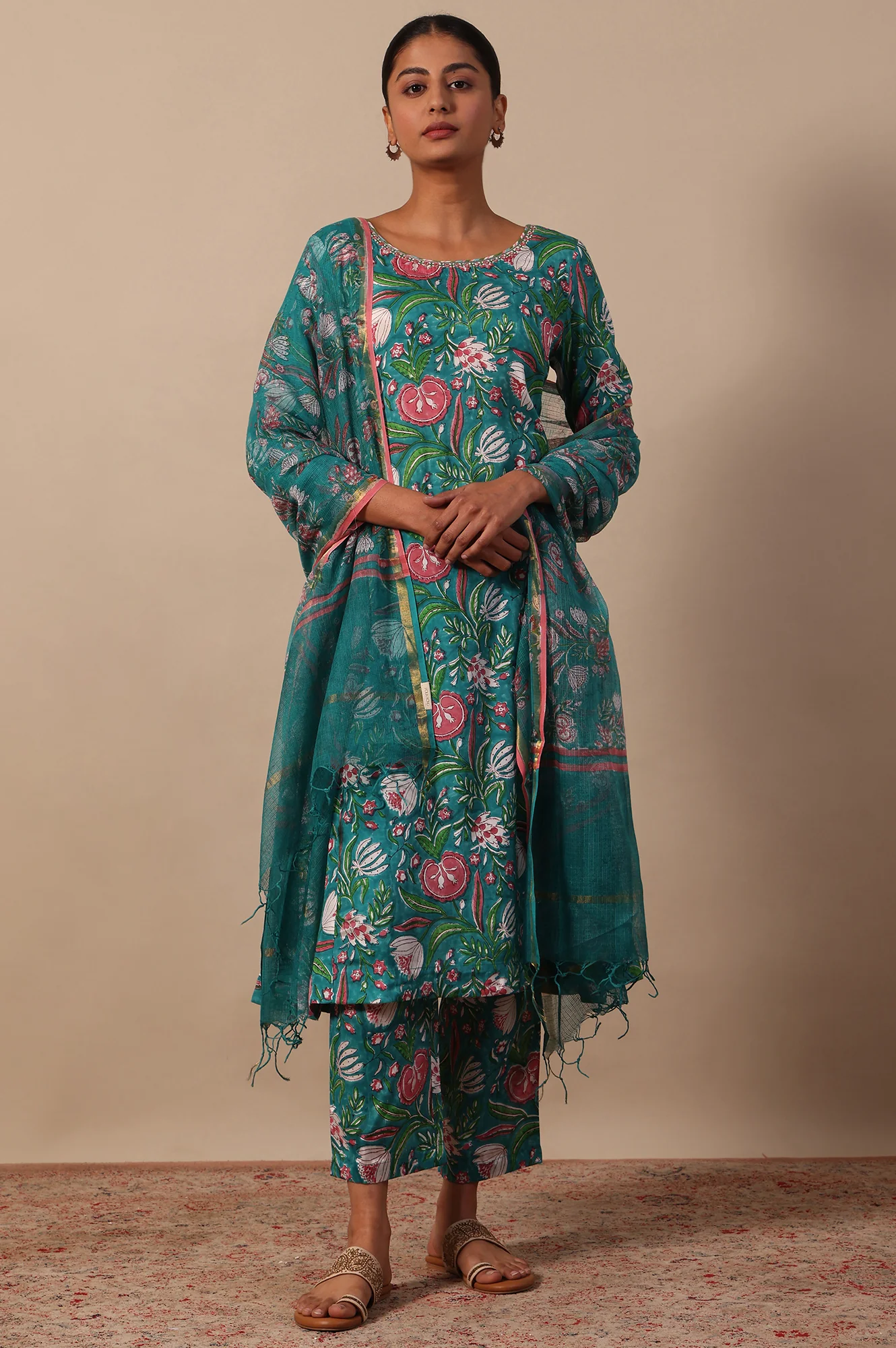 Floral Printed Mirror work A-line Viscose Kurta & Straight Pants with Dupatta Set - Image 3