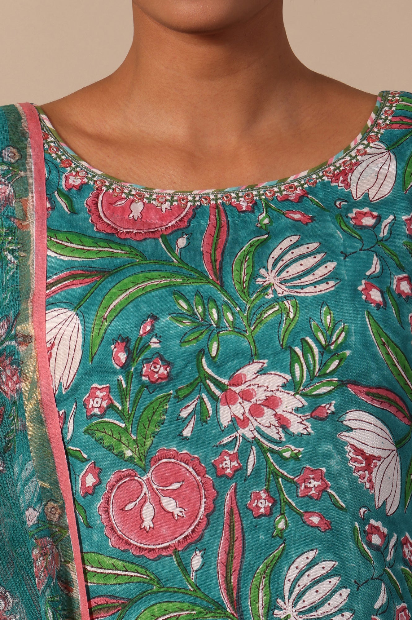 Floral Printed Mirror work A-line Viscose Kurta & Straight Pants with Dupatta Set - Image 4