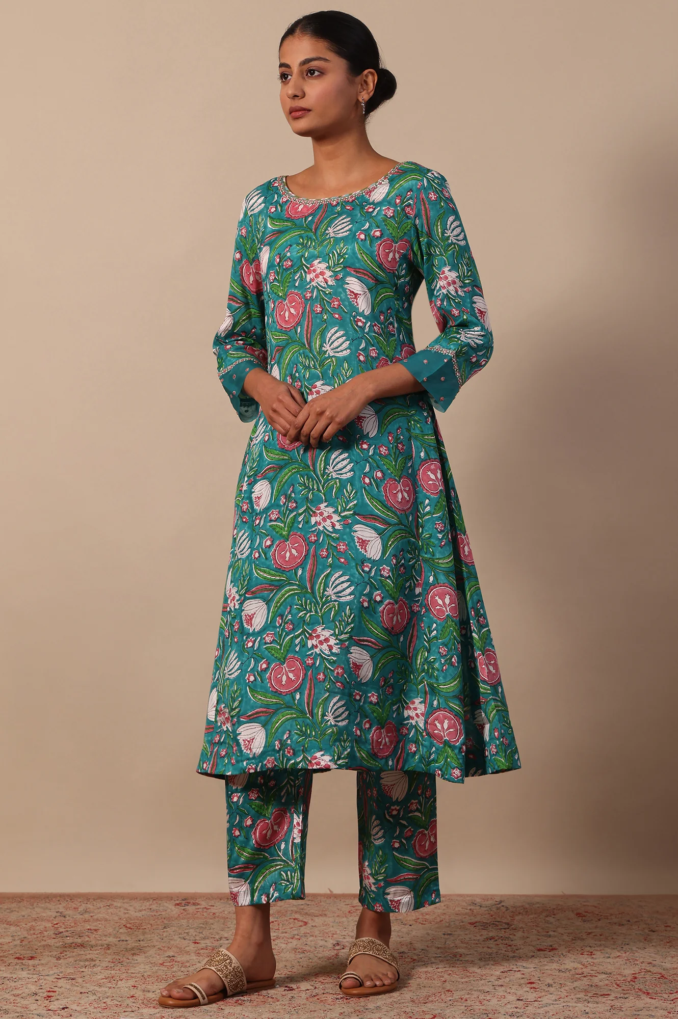 Floral Printed Mirror work A-line Viscose Kurta & Straight Pants with Dupatta Set - Image 5