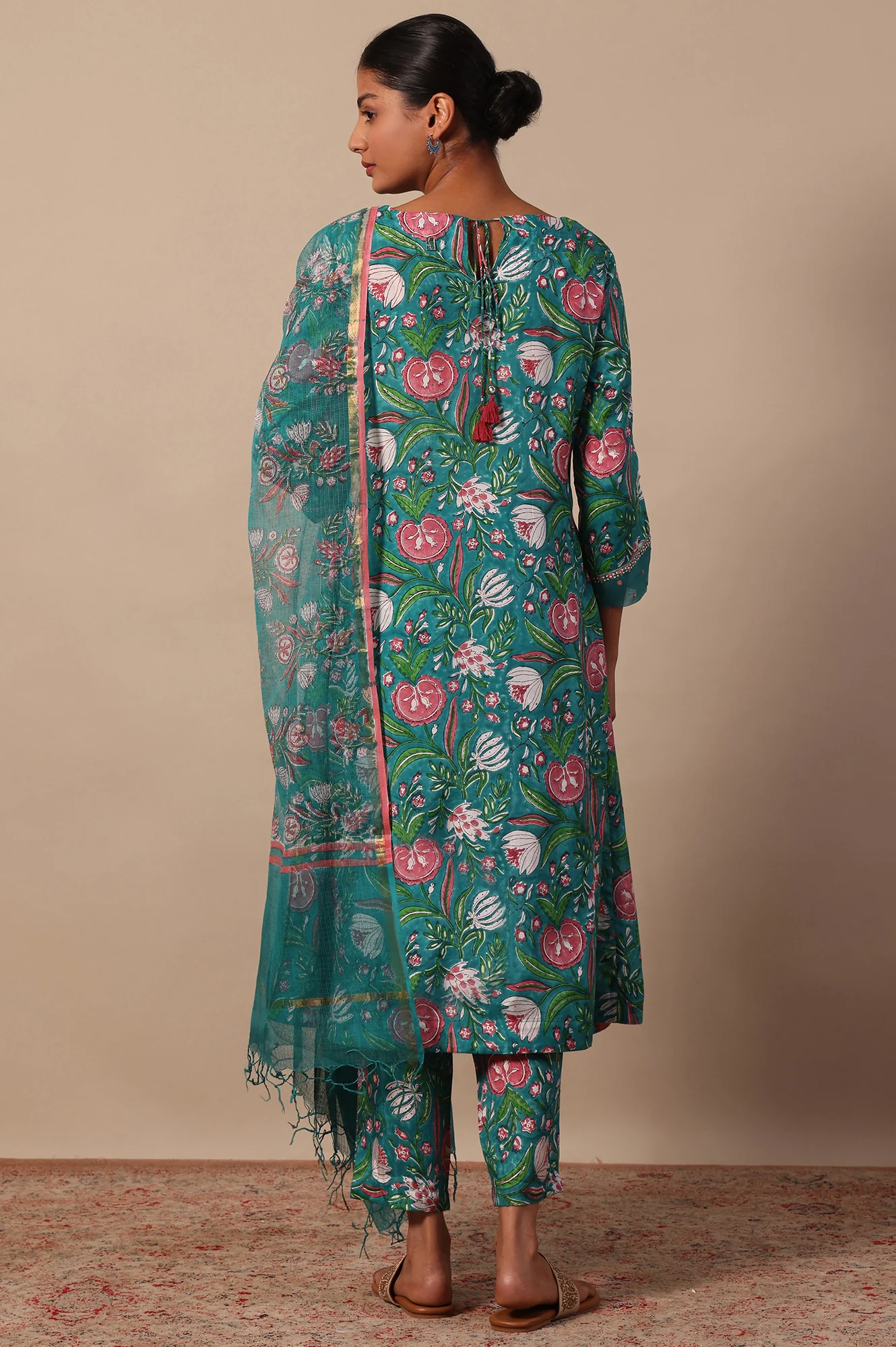 Floral Printed Mirror work A-line Viscose Kurta & Straight Pants with Dupatta Set - Image 6