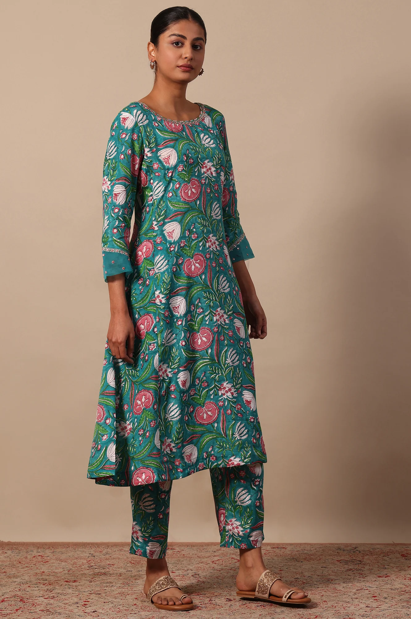 Floral Printed Mirror work A-line Viscose Kurta & Straight Pants with Dupatta Set - Image 7