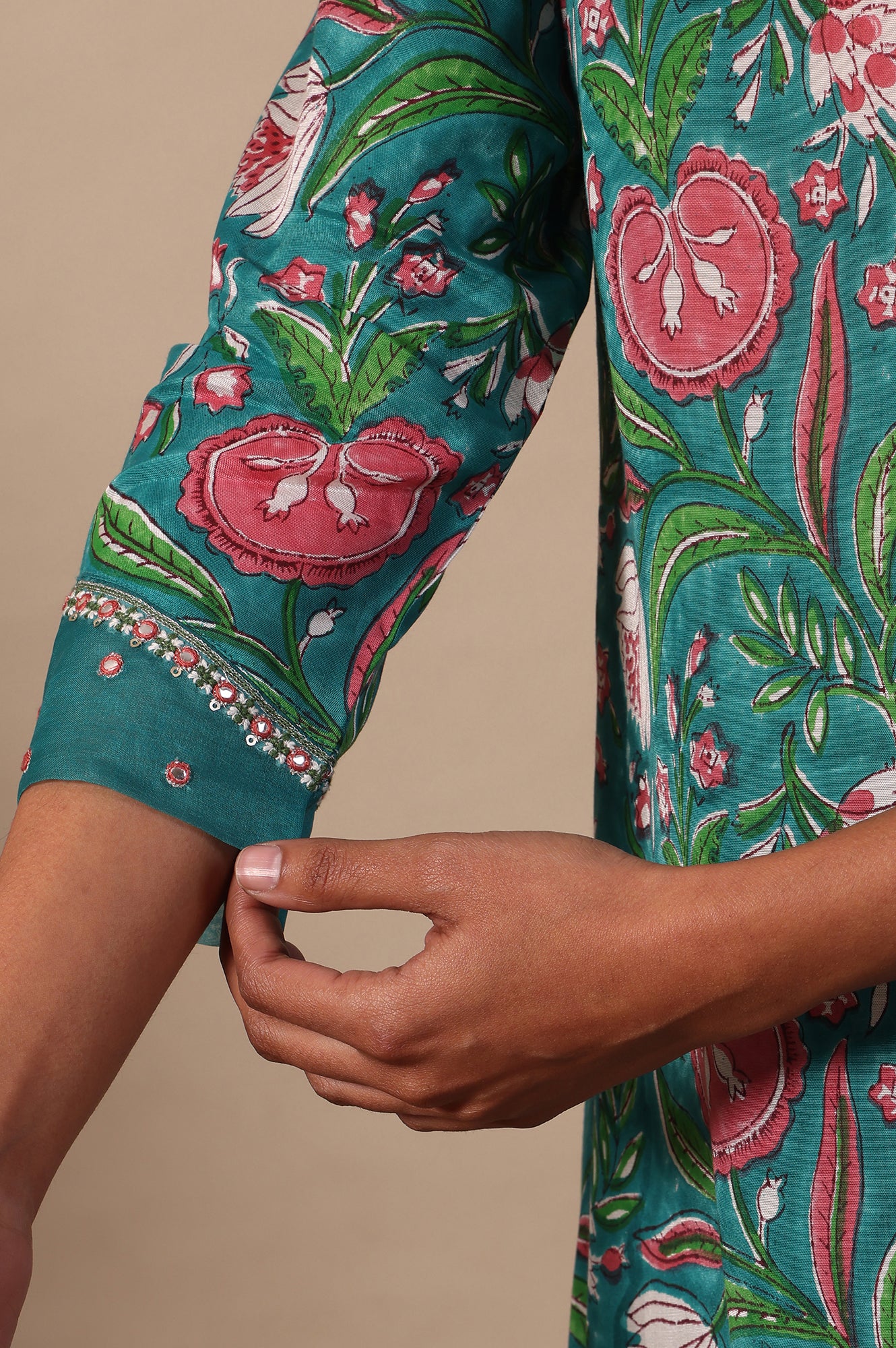 Floral Printed Mirror work A-line Viscose Kurta & Straight Pants with Dupatta Set - Image 8