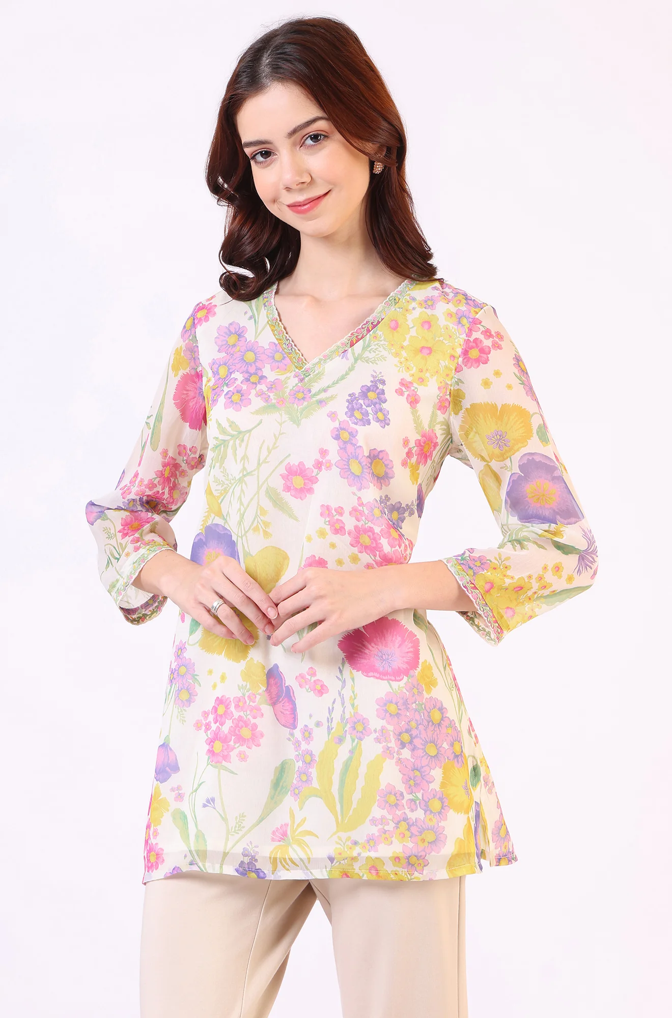 White Floral Printed Straight Chiffon Ethnic Top - Image 5